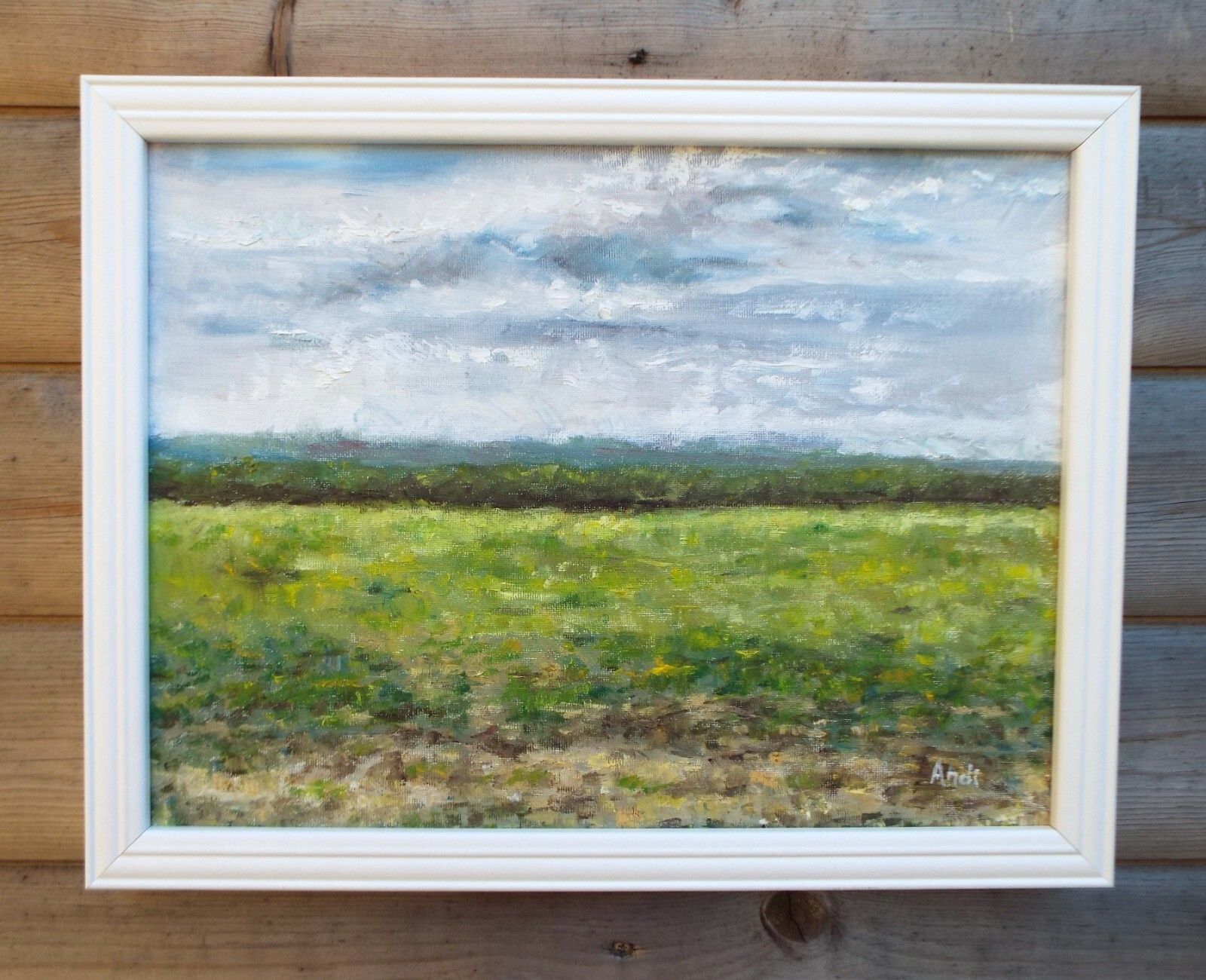 Green Summer Field Landscape Farm Original Oil Painting Signed Framed Andi Lucas photo furniture