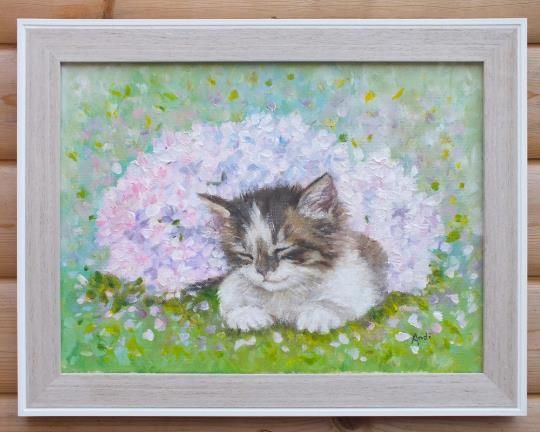 New Original Framed Painting Kitten Cat Floral Hydrangeas  Andi J Lucas