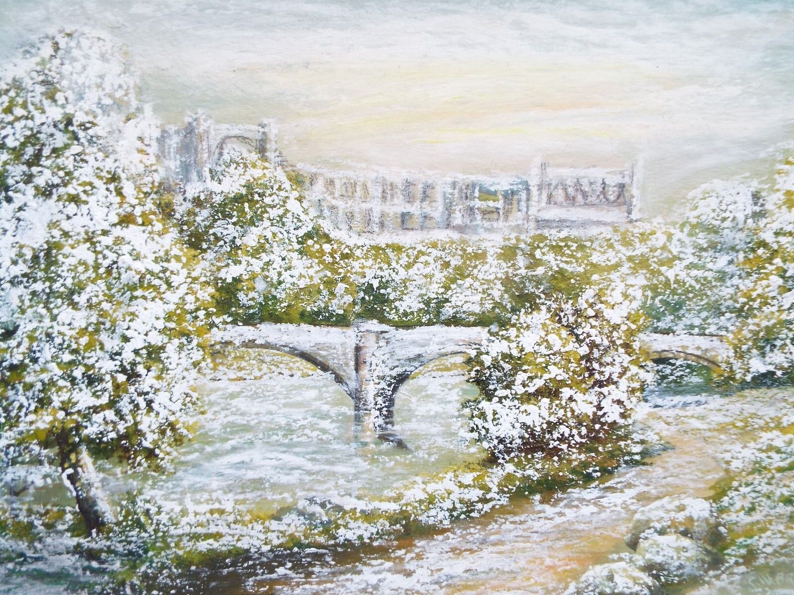 Vintage Framed Oil Painting English Castle  River Winter Landscape  Snow Scene photo furniture