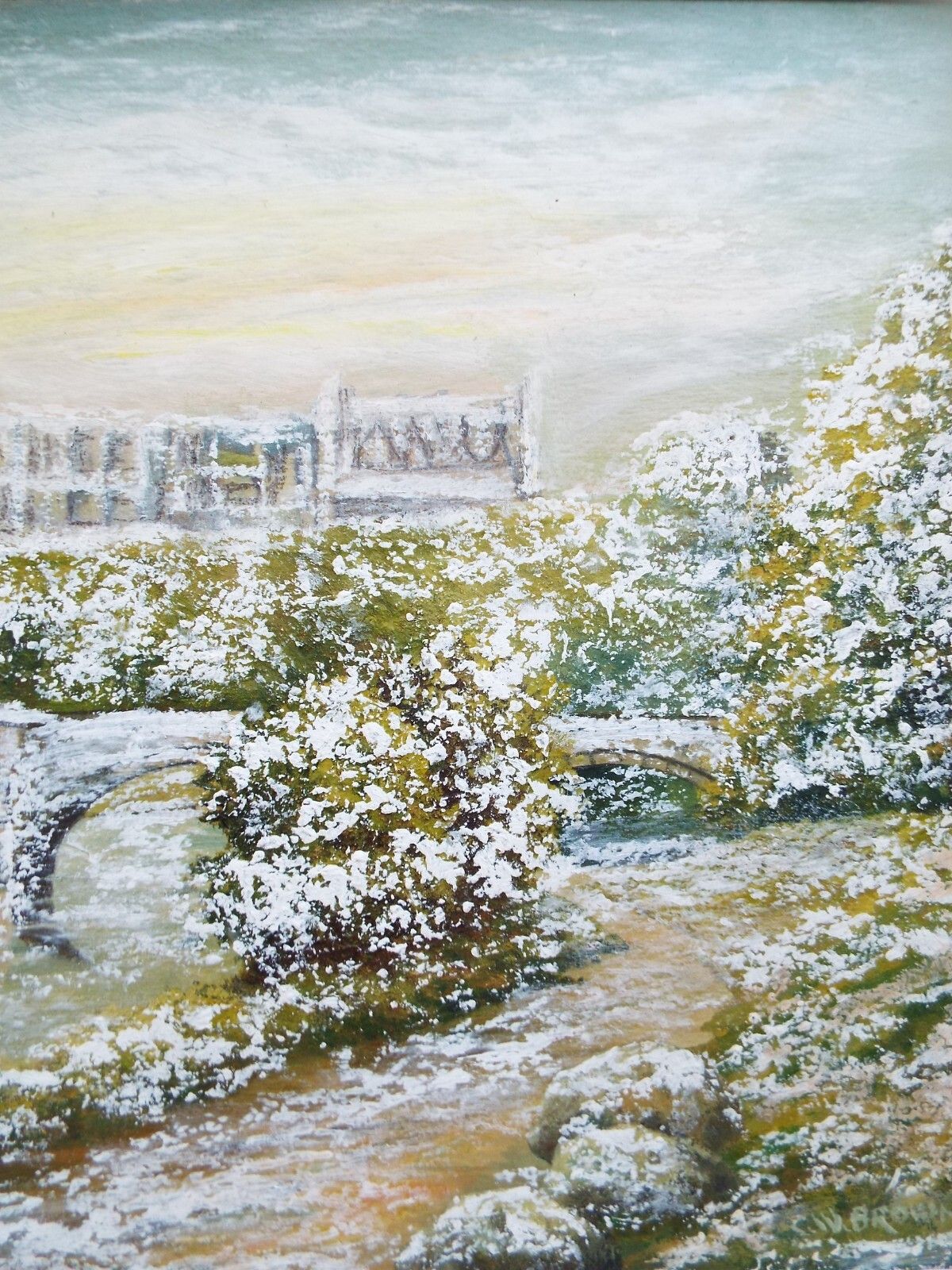 Vintage Framed Oil Painting English Castle  River Winter Landscape  Snow Scene photo for sale