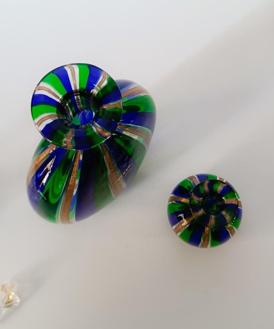 Pair Of Murano Glass Bottles Blown Reticello Blue Green Gold Vintage Zeta Design photo 176.0