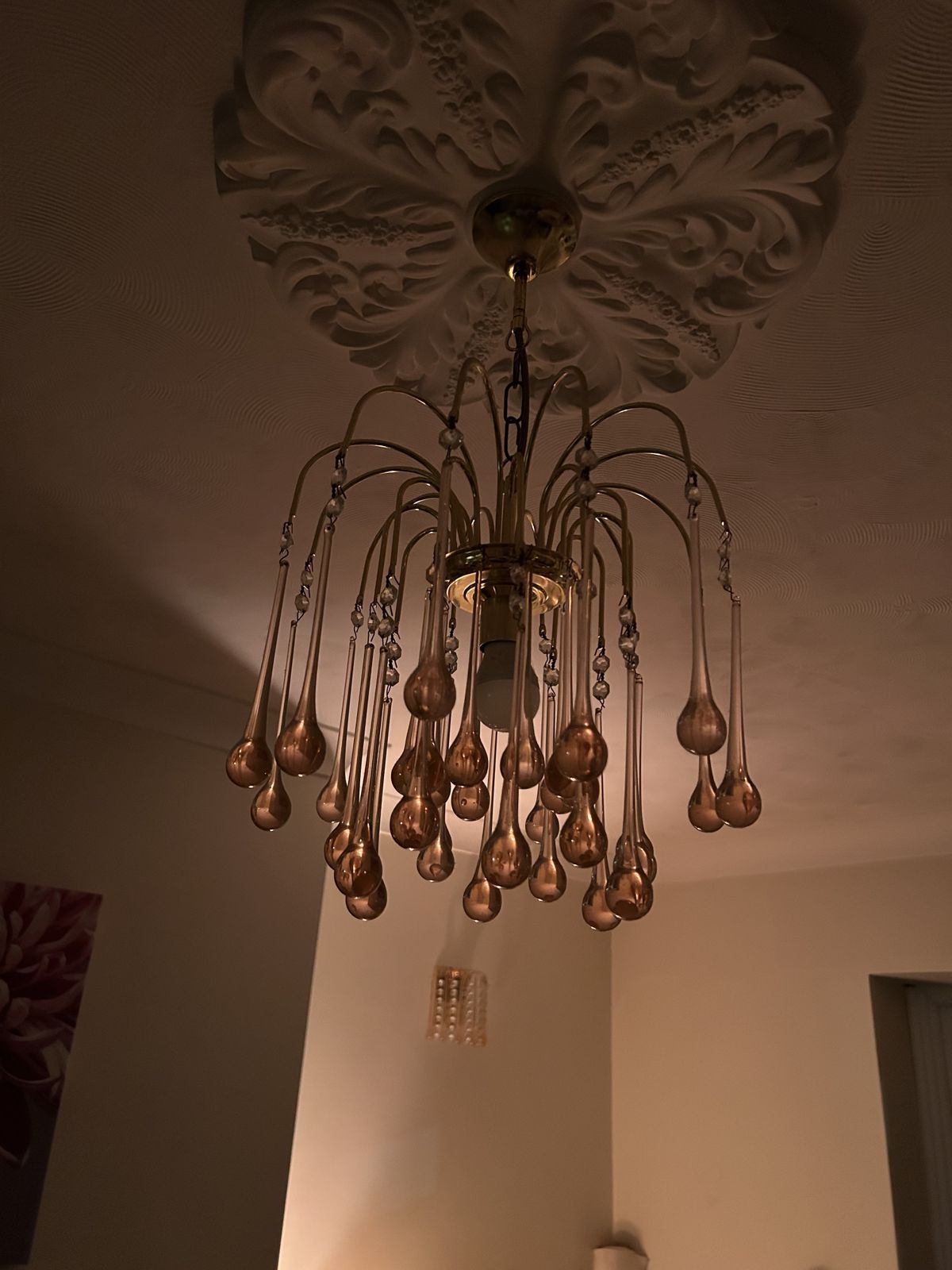Paolo Venini Murano Peach Pink Glass Drop Chandelier’s photo for sale