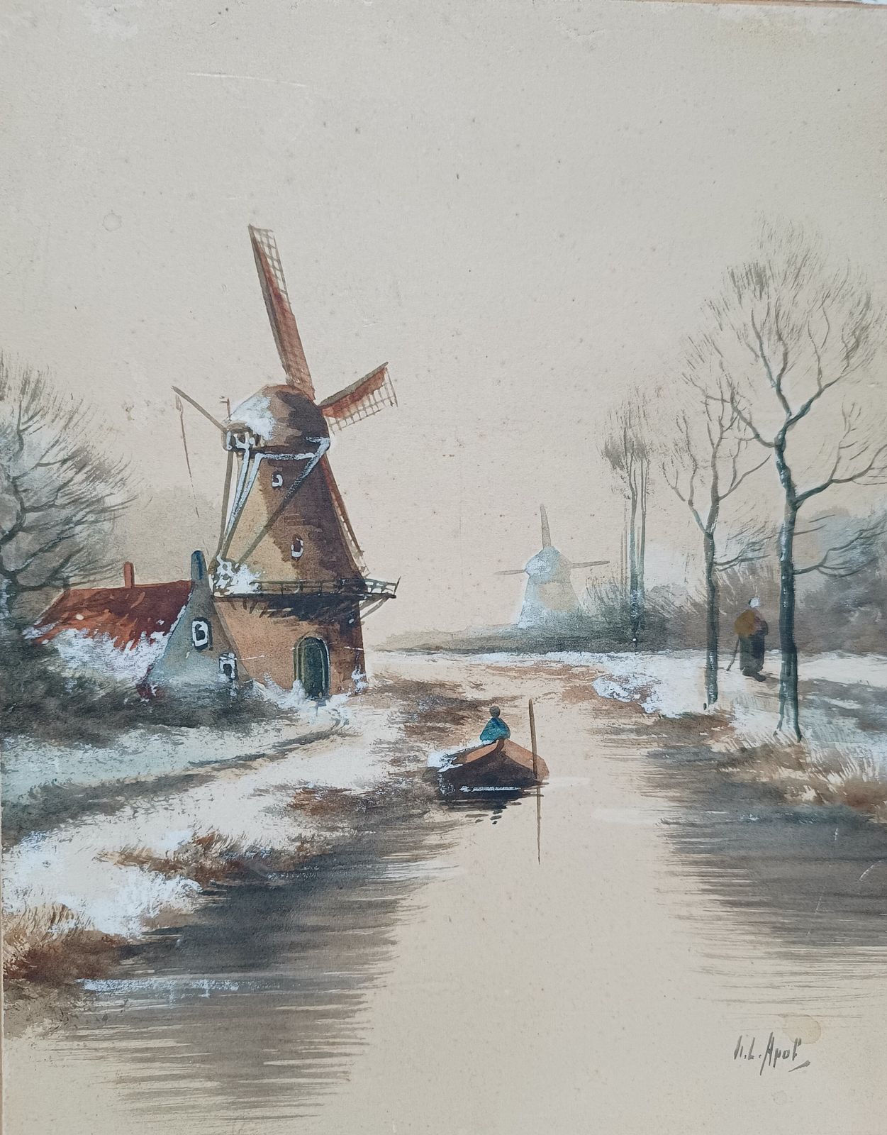 Antique Dutch Watercolour Painting Windmills Dutch Canal In Wintertime Artist Signed Unframed Art. photo furniture