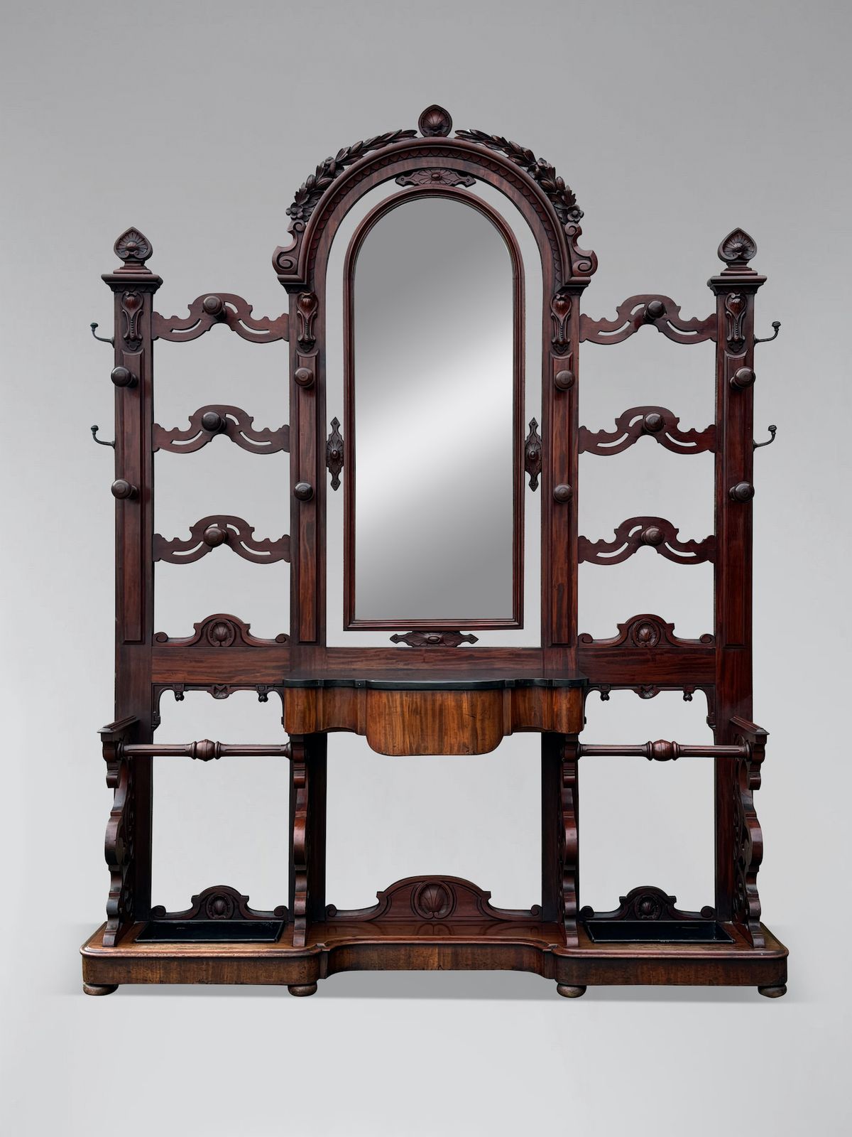Large 19th Century Victorian Period Mahogany Hall Stand With Arched Mirror