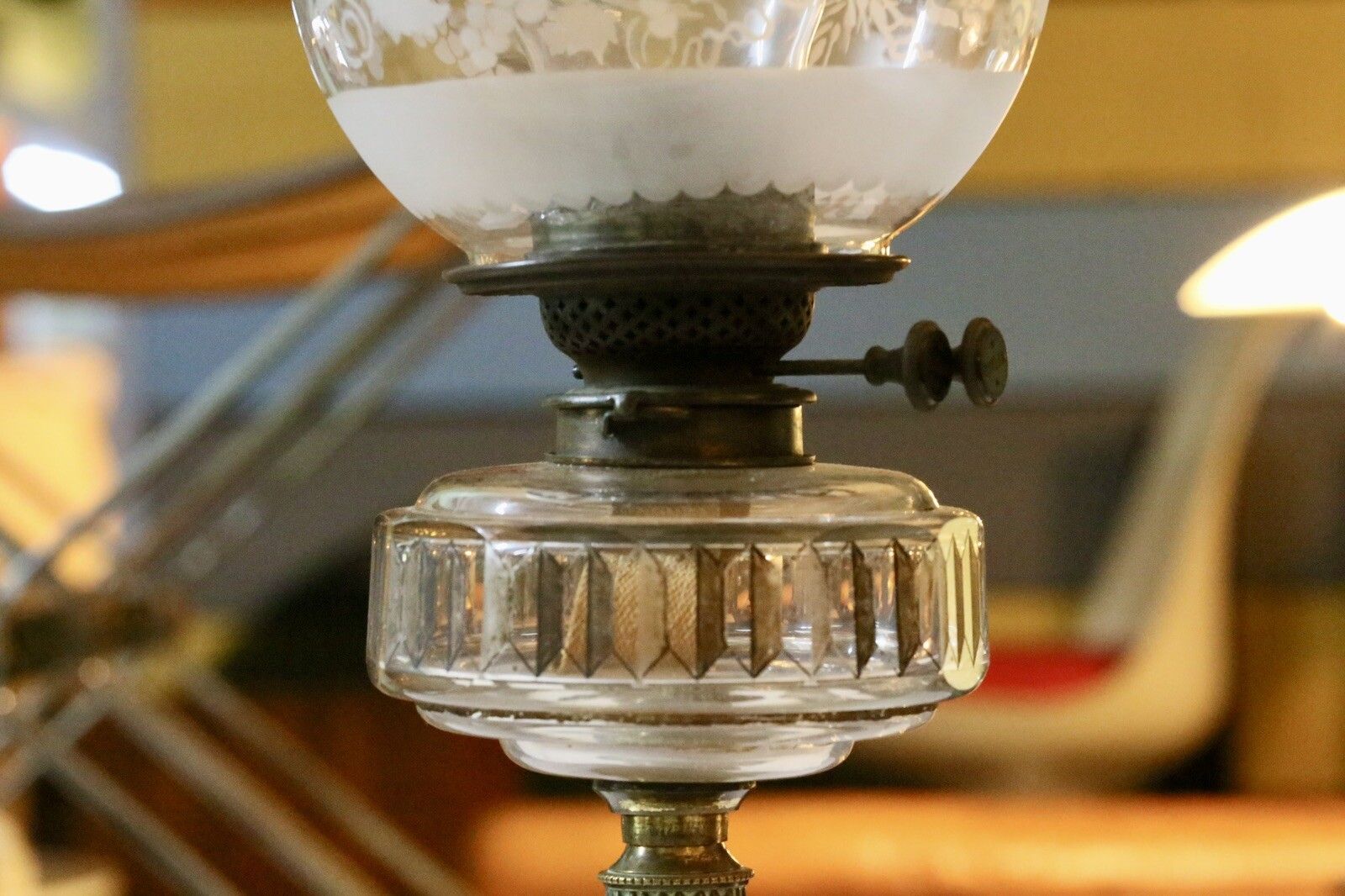 Victorian Art Nouveau Brass Oil Lamp With Crystal Glass Reservoir photo vintage