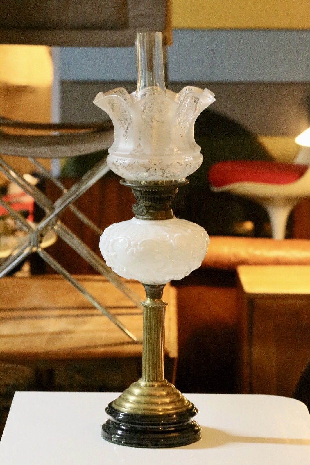 photo for sale Fine Victorian Art Nouveau Brass Oil Lamp With Milk Glass Reservoir
