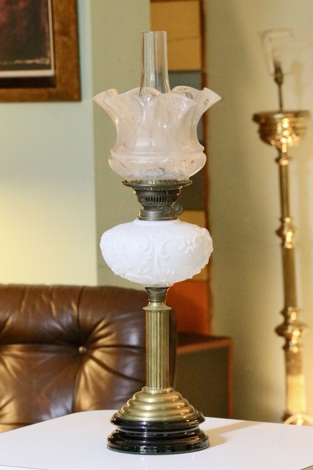 Lighting Fine Victorian Art Nouveau Brass Oil Lamp With Milk Glass Reservoir photo