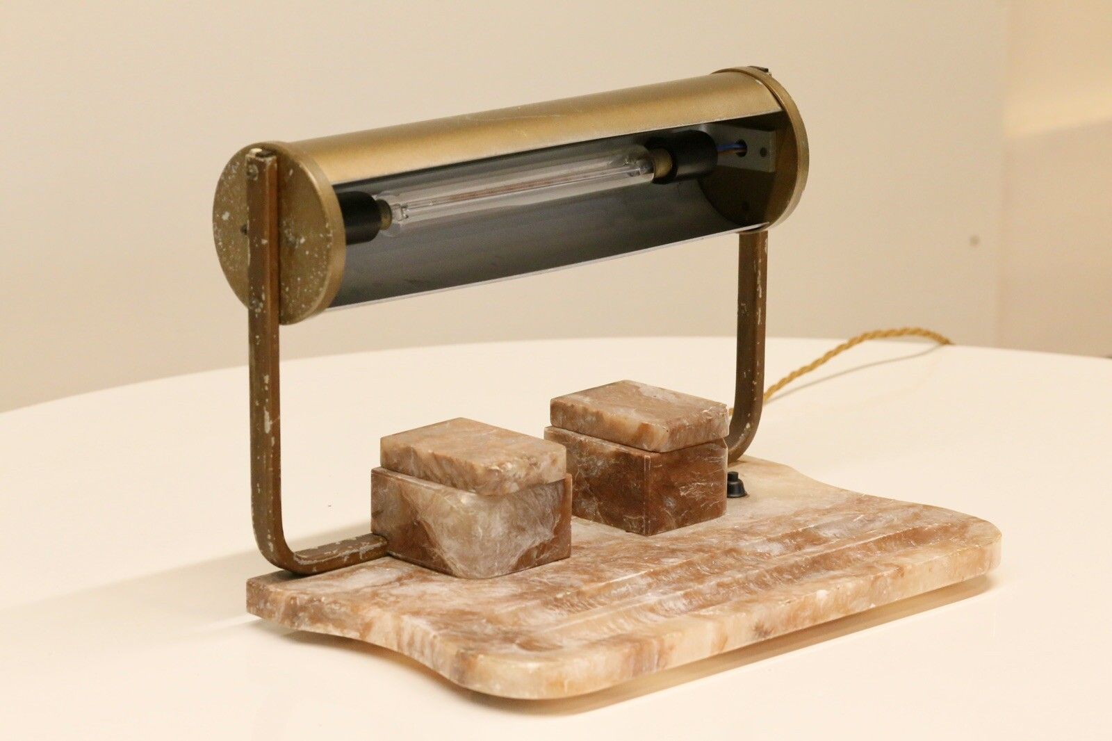 Art Deco Alabaster & Brass Desk Lamp With Ink Stand photo for sale
