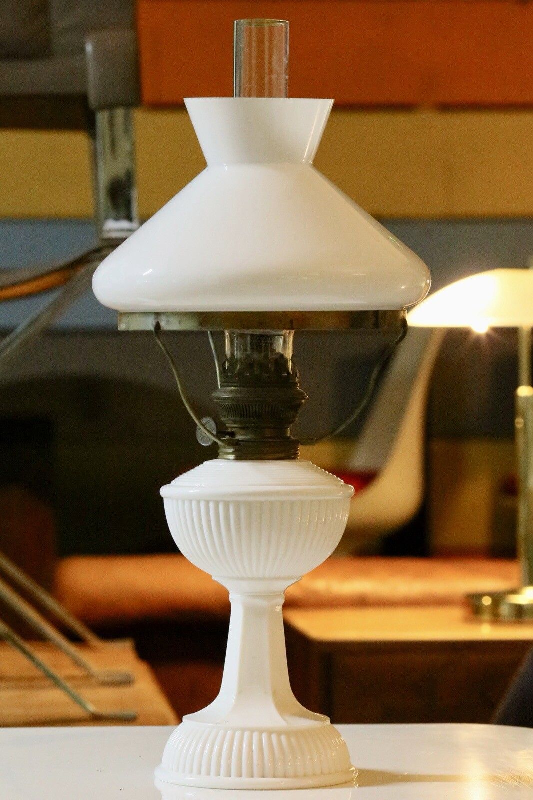 Fine Vintage Brass And Milk Glass Art Deco Oil Lamp photo furniture