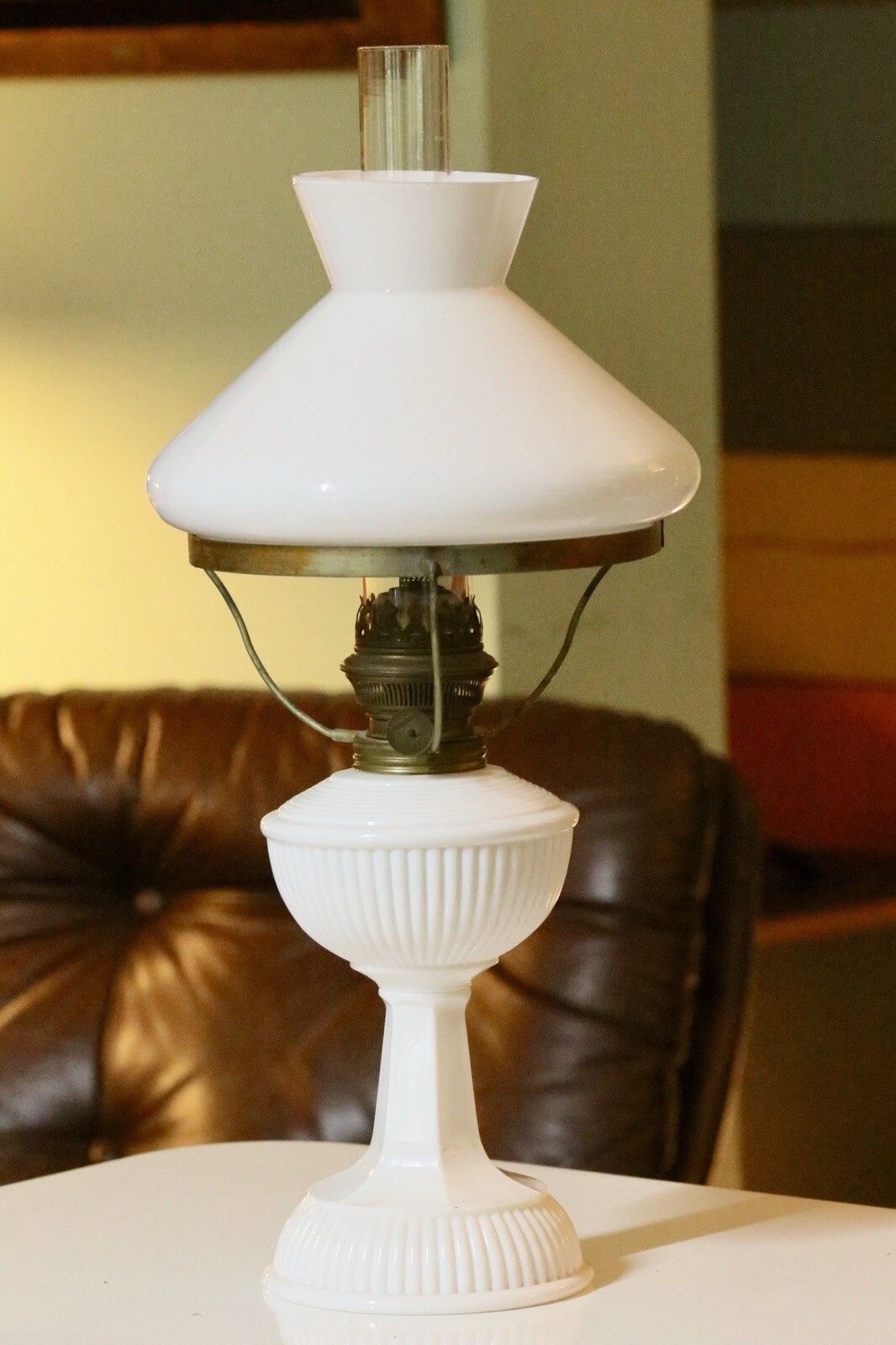 Fine Vintage Brass And Milk Glass Art Deco Oil Lamp photo Lighting