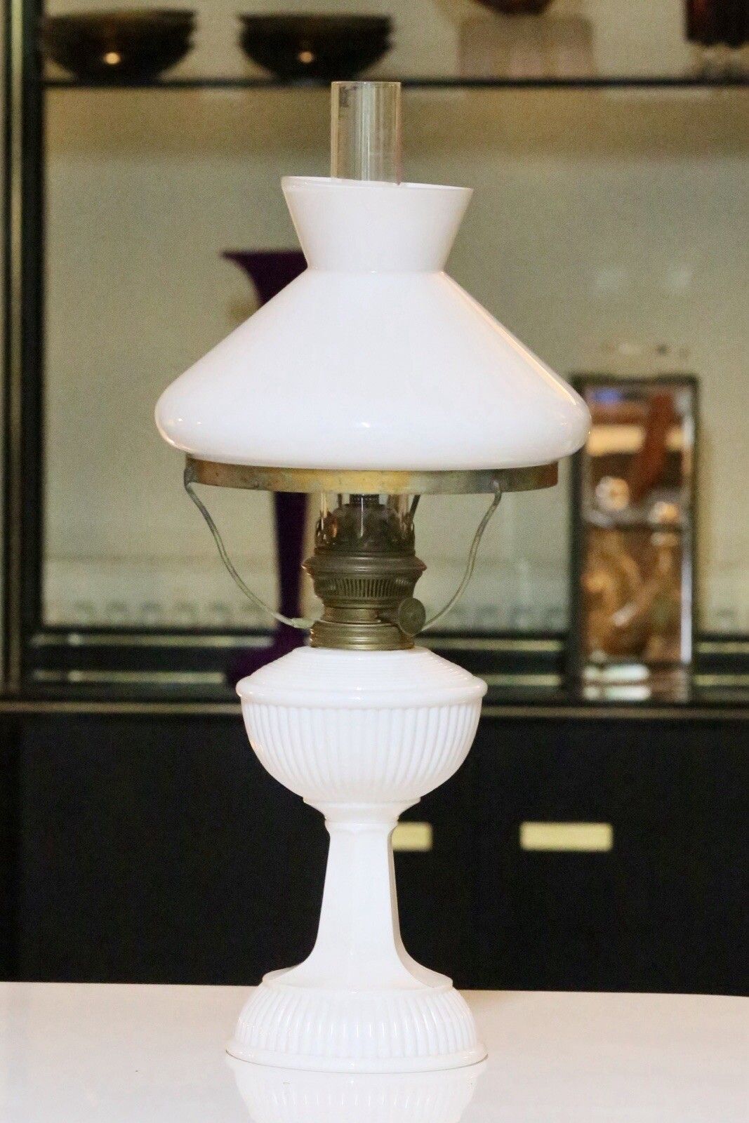 Fine Vintage Brass And Milk Glass Art Deco Oil Lamp photo vinterior