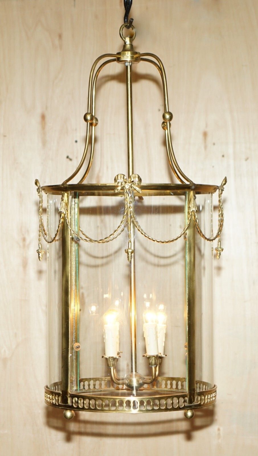 Exquisite Circa 1940's English Polish Brass & Cylindrical Glass Hanging Lantern photo furniture