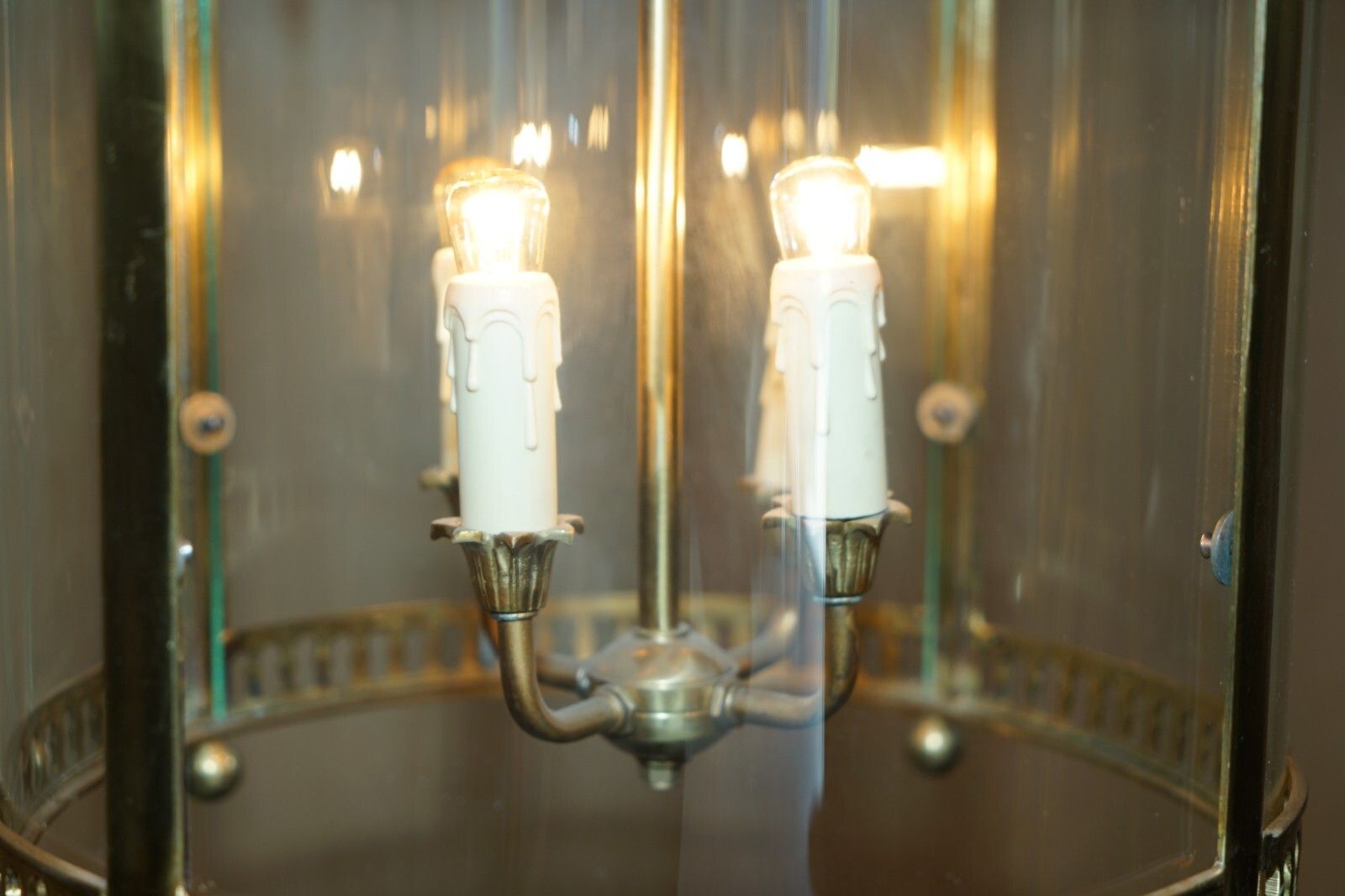 Exquisite Circa 1940's English Polish Brass & Cylindrical Glass Hanging Lantern photo Lighting