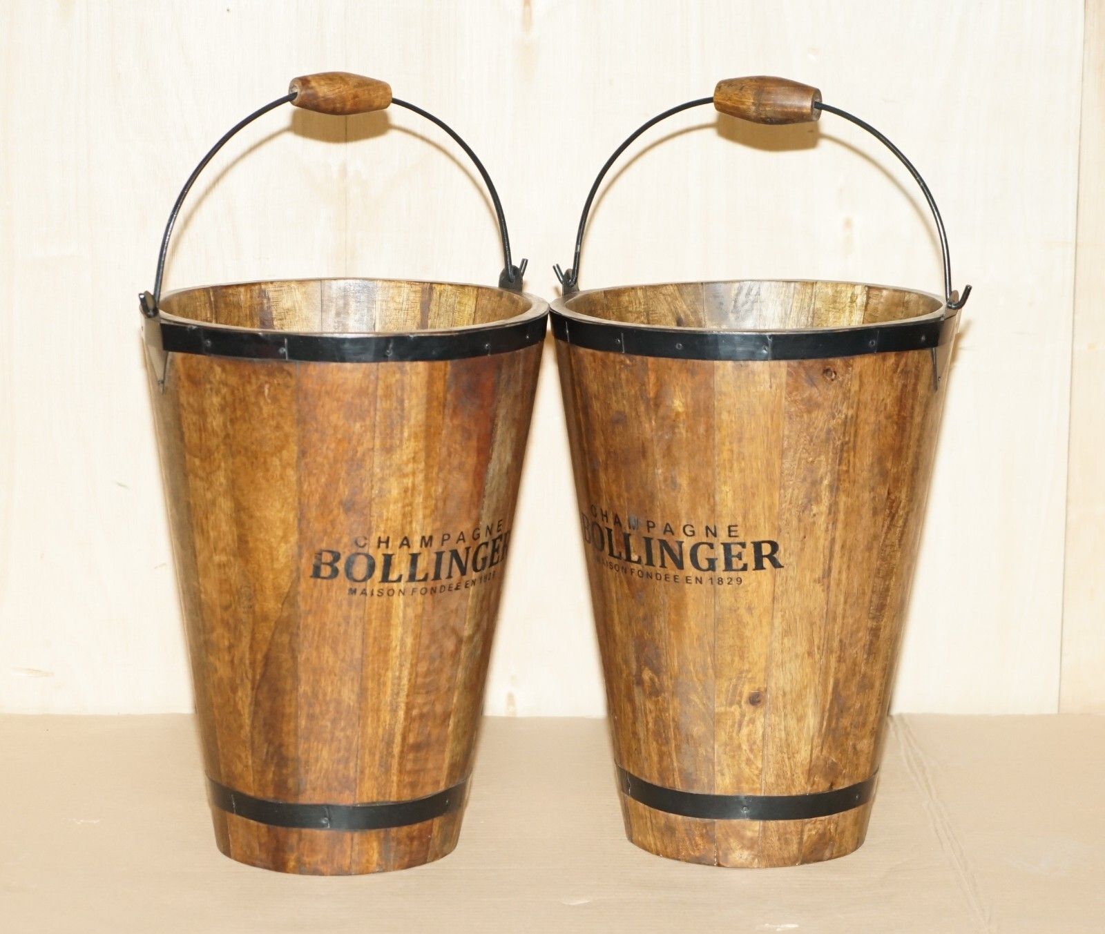 Pair Of Vintage Bollinger Champagne Log Bin Wood Coal Plate Or Peat Buckets