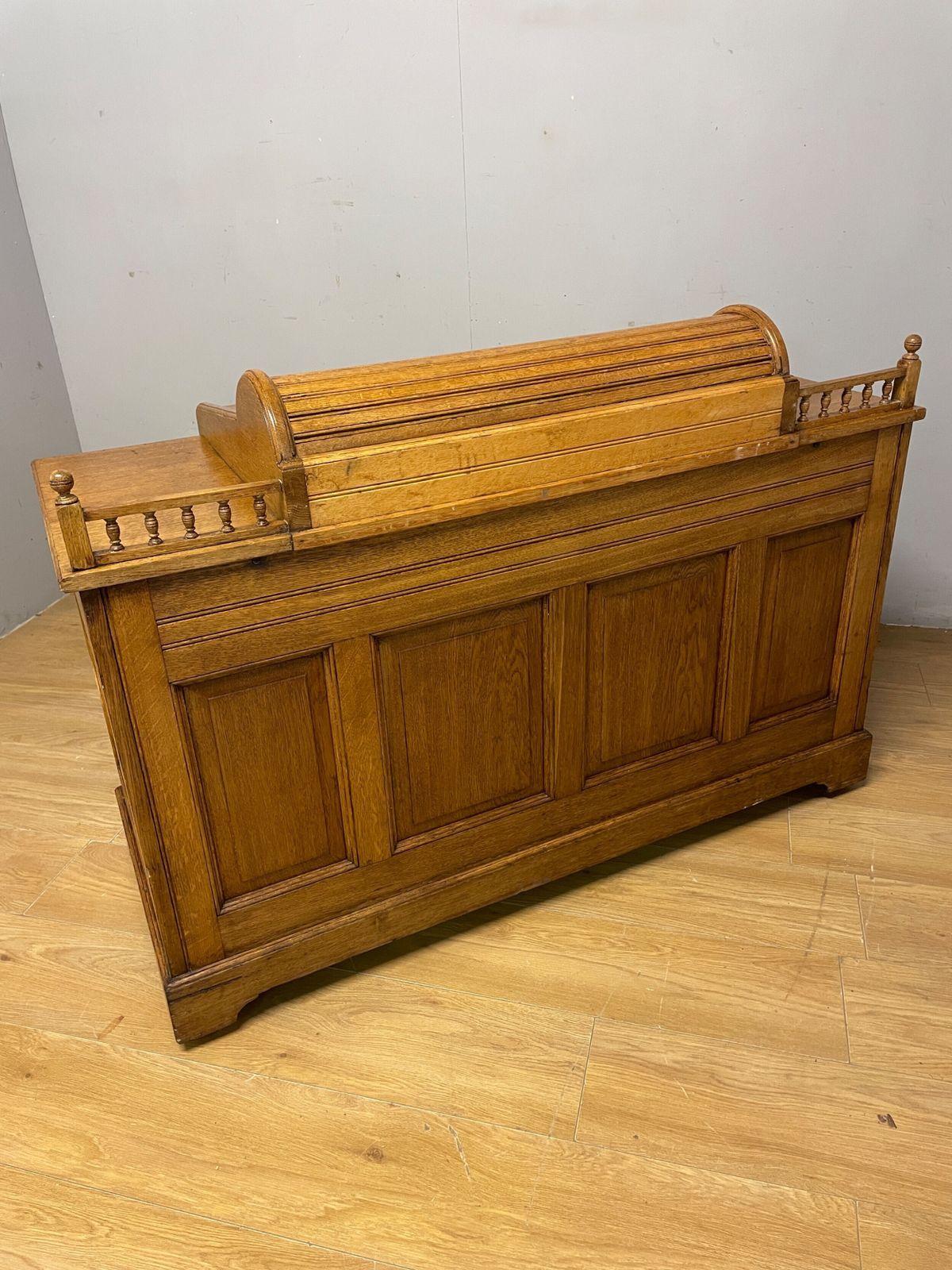 photo for sale C19th Golden Oak Tambour Desk With Fitted Interior