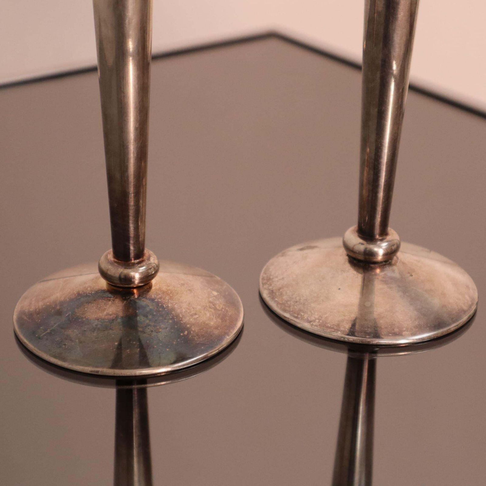 Art Deco Pair Of Nickel Plated Brass Candle Holders, Italy, 1930s photo vinterior