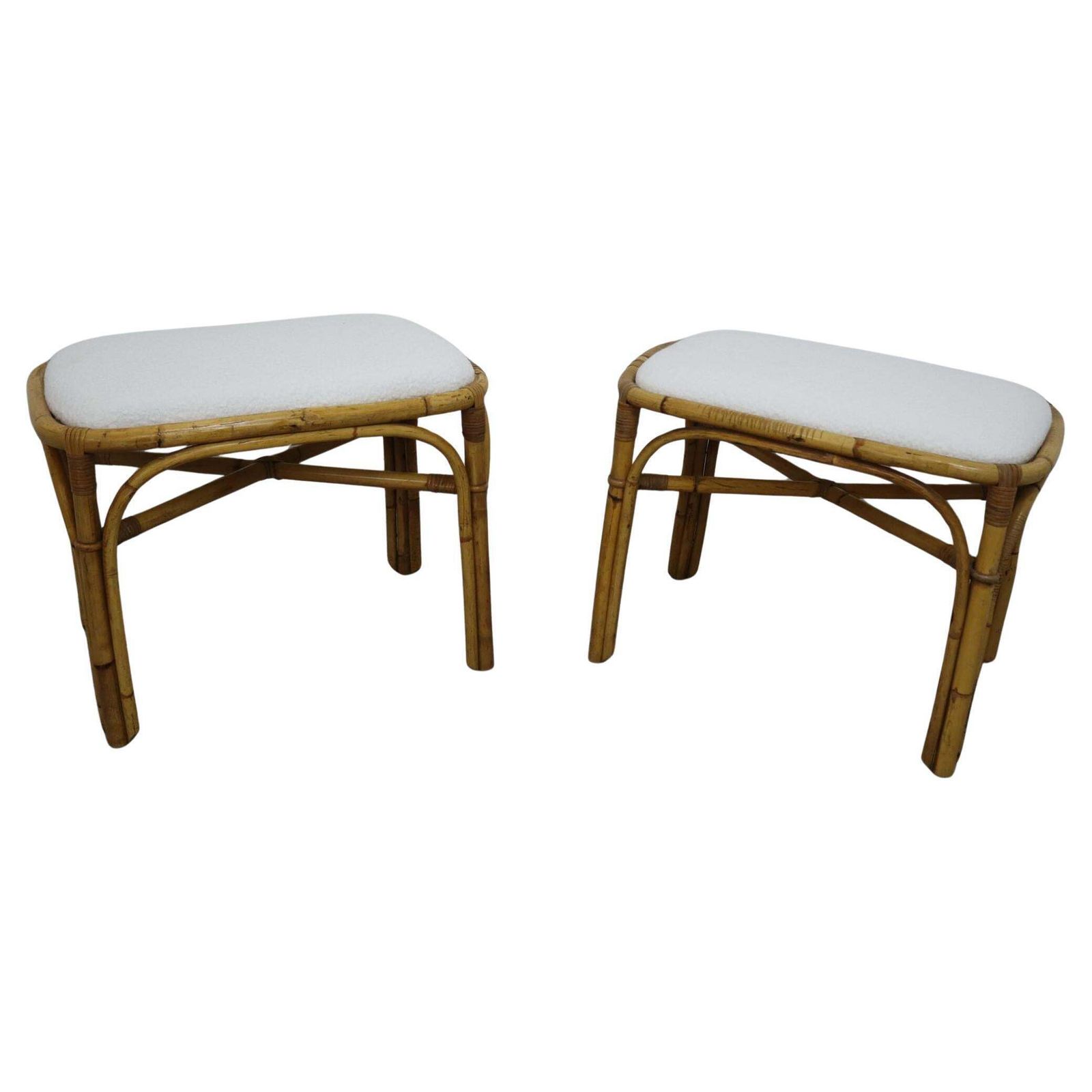 Pair Of Italian Rattan Bamboo Stool Fabric White Boucle From 1970s