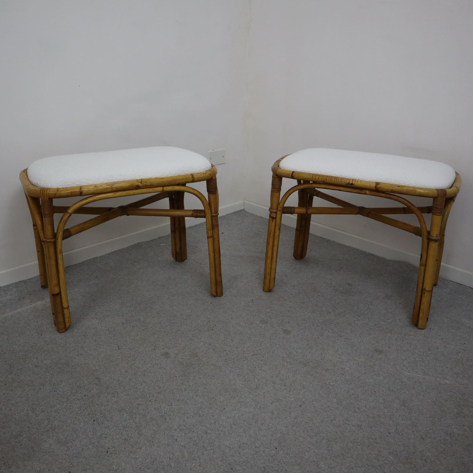 Pair Of Italian Rattan Bamboo Stool Fabric White Boucle From 1970s photo for sale