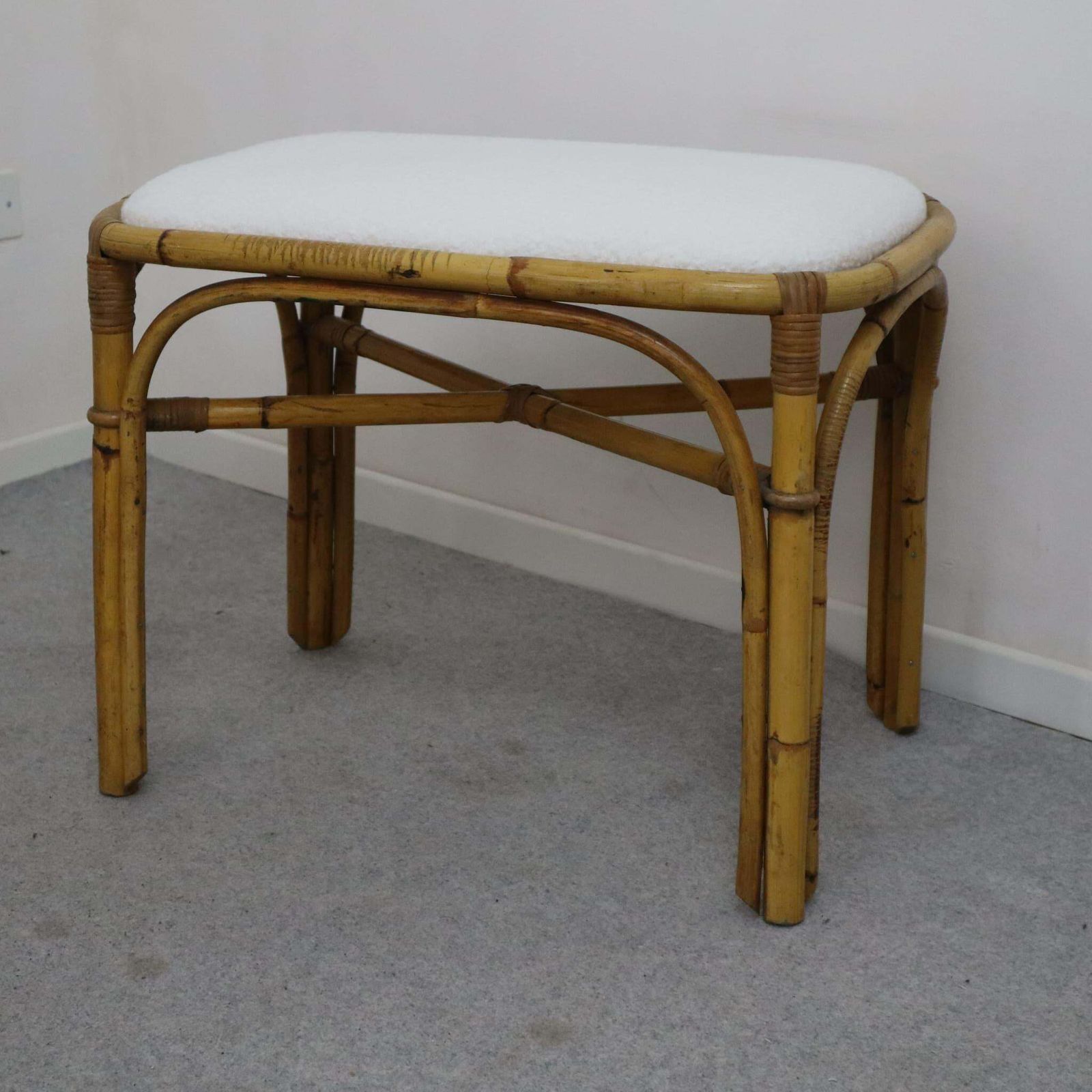 Pair Of Italian Rattan Bamboo Stool Fabric White Boucle From 1970s photo vinterior