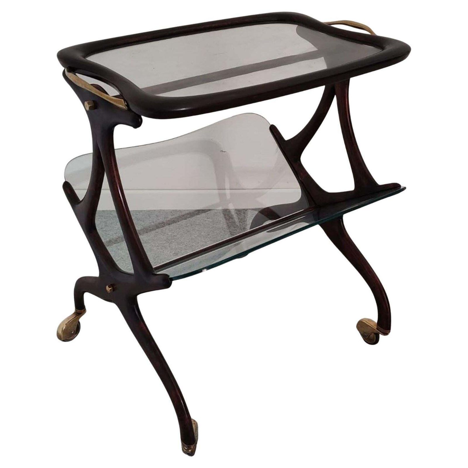 Mid Century Modern Wood Brass Bar Cart Megazine Rack By Cesare Lacca Italy 1950s