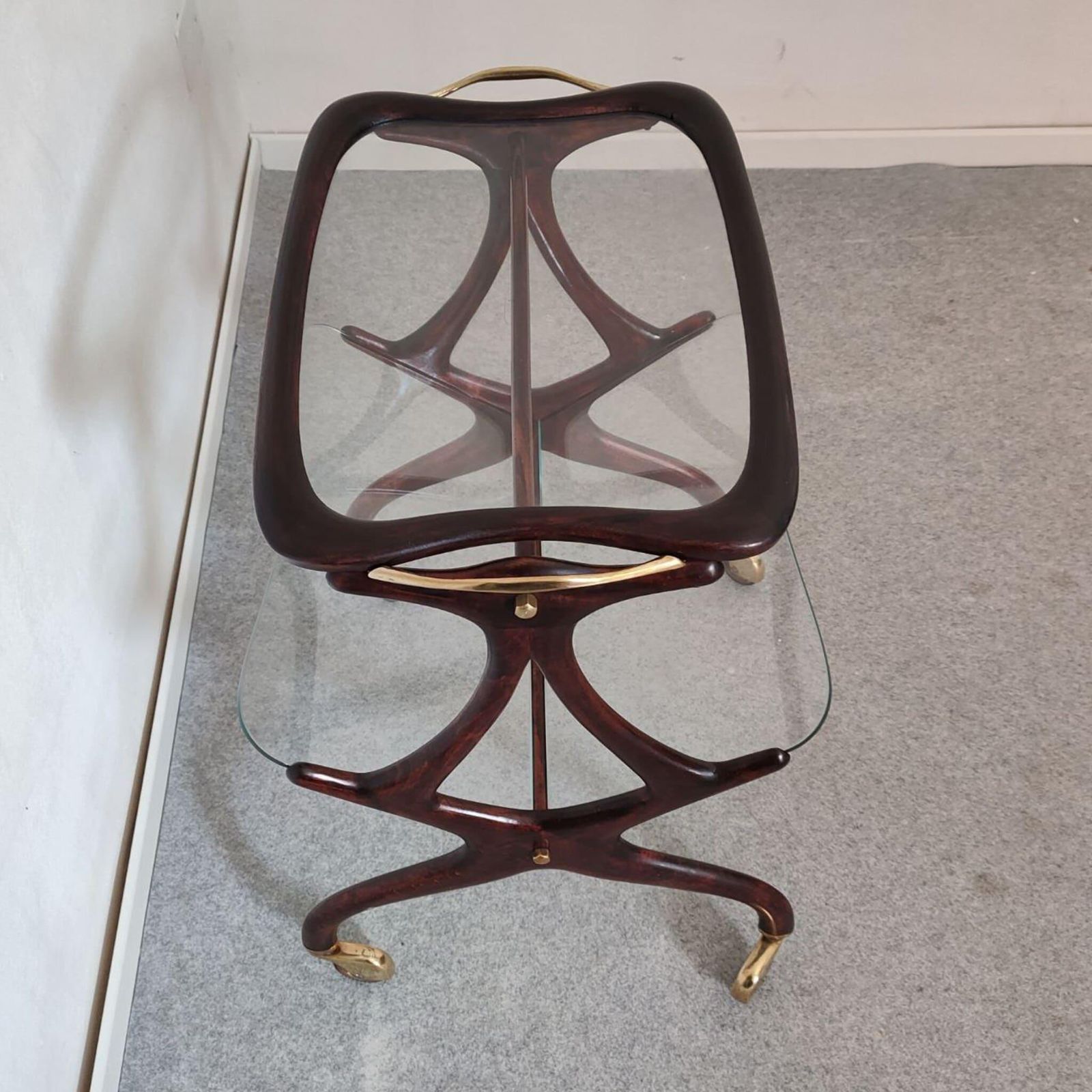 Mid Century Modern Wood Brass Bar Cart Megazine Rack By Cesare Lacca Italy 1950s photo furniture