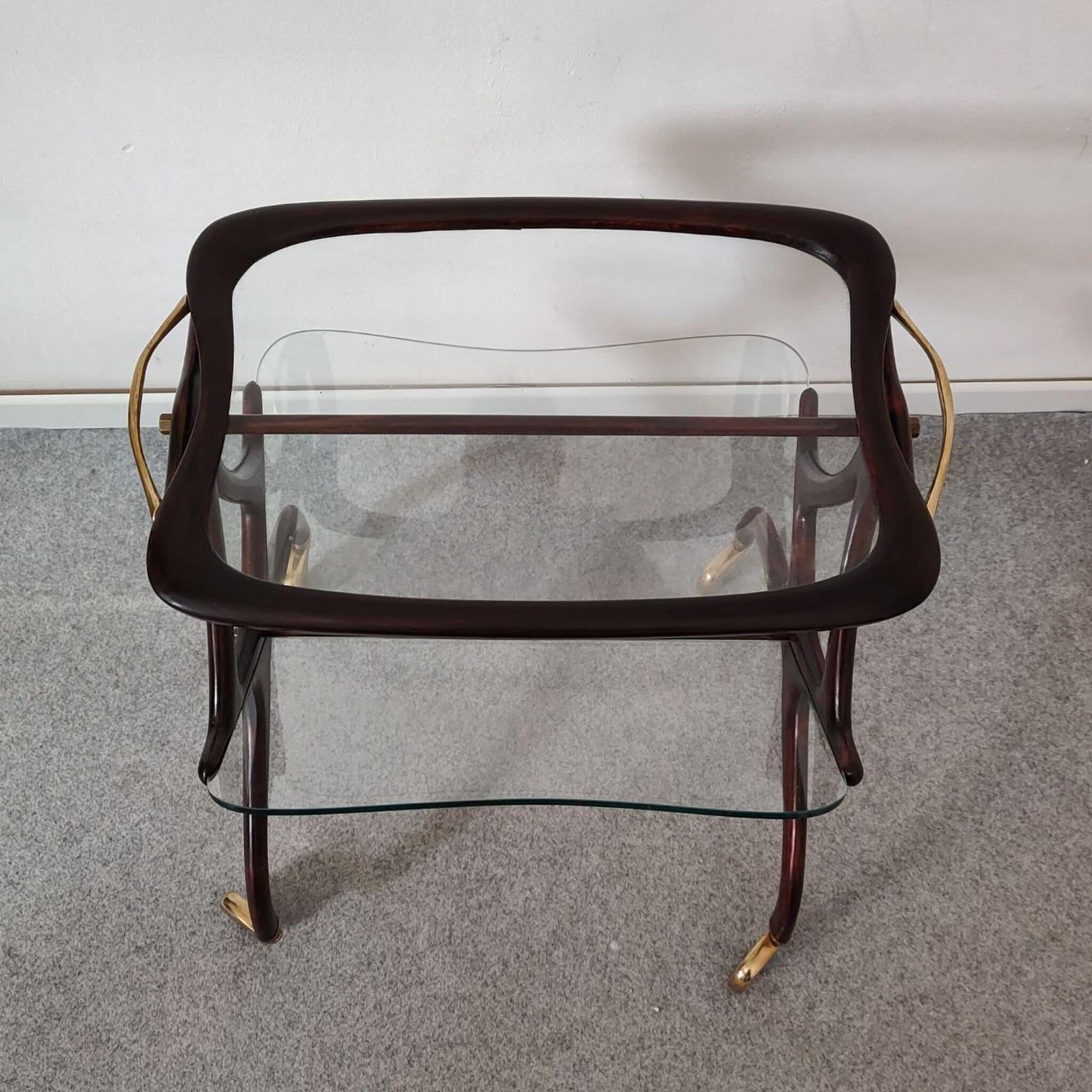 Mid Century Modern Wood Brass Bar Cart Megazine Rack By Cesare Lacca Italy 1950s photo buy
