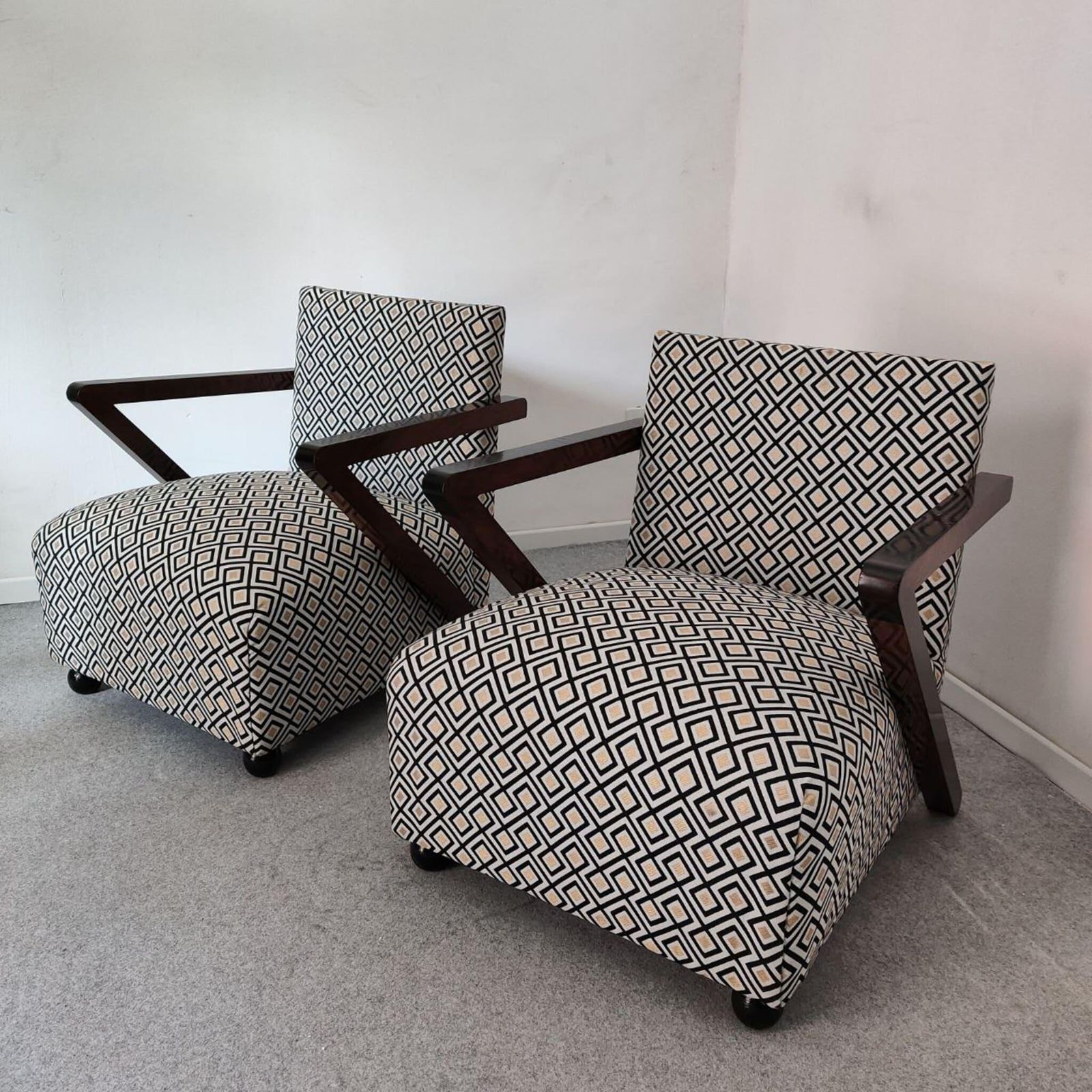 Pair Of Italian Art Deco Armchairs In Walnut And Geometric Fabric, 1930s photo buy
