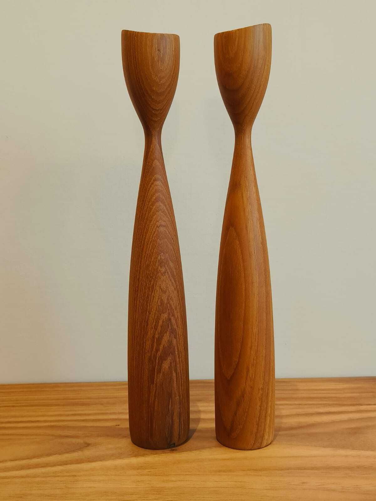 Pair Of Mid 20th Century Teak Tulip Shaped Candlesticks