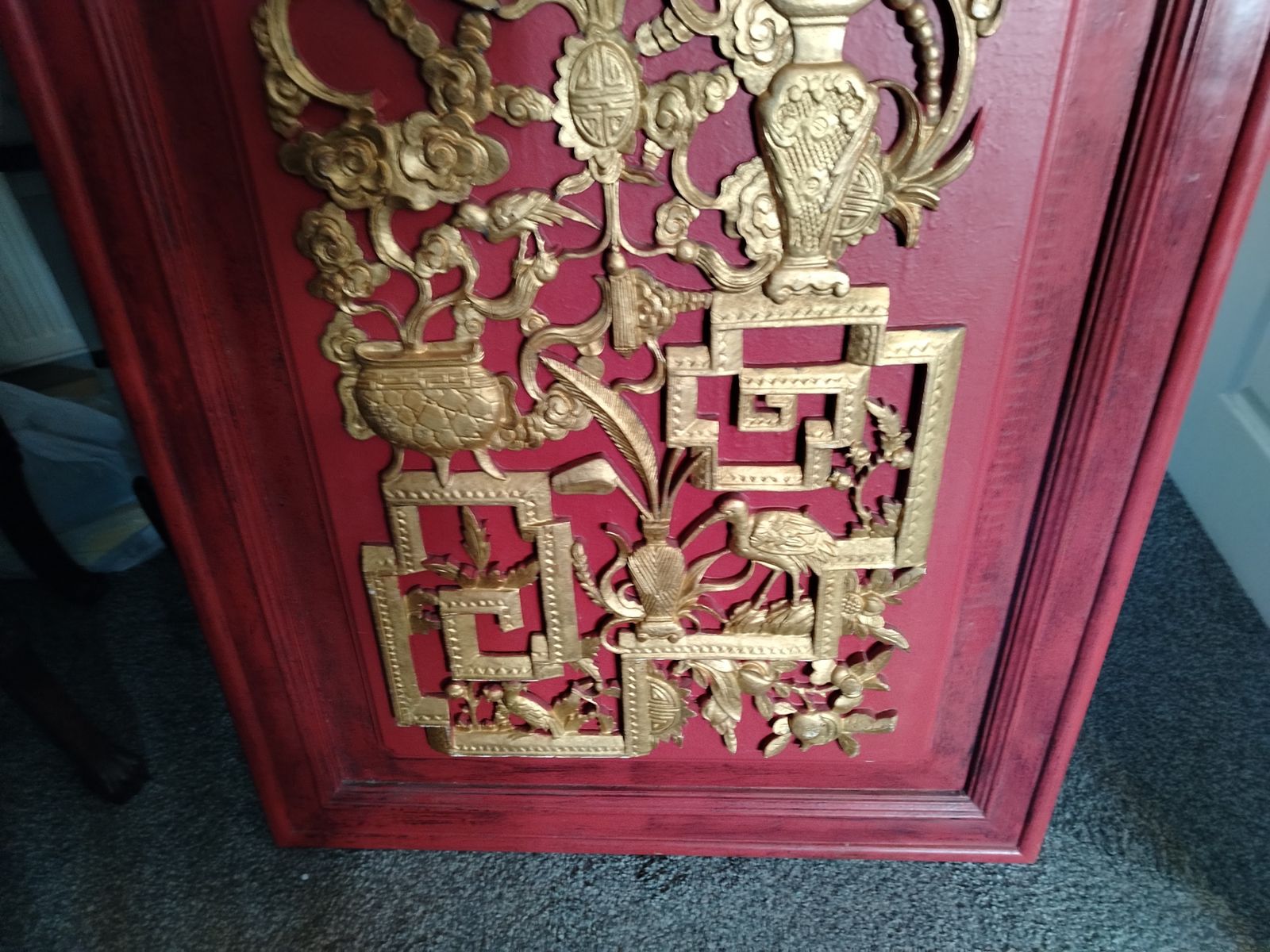 Large Lacquered Wood Chinese Plaque Decorated In Relief With Gilt Birds, Animals And Foliage photo furniture