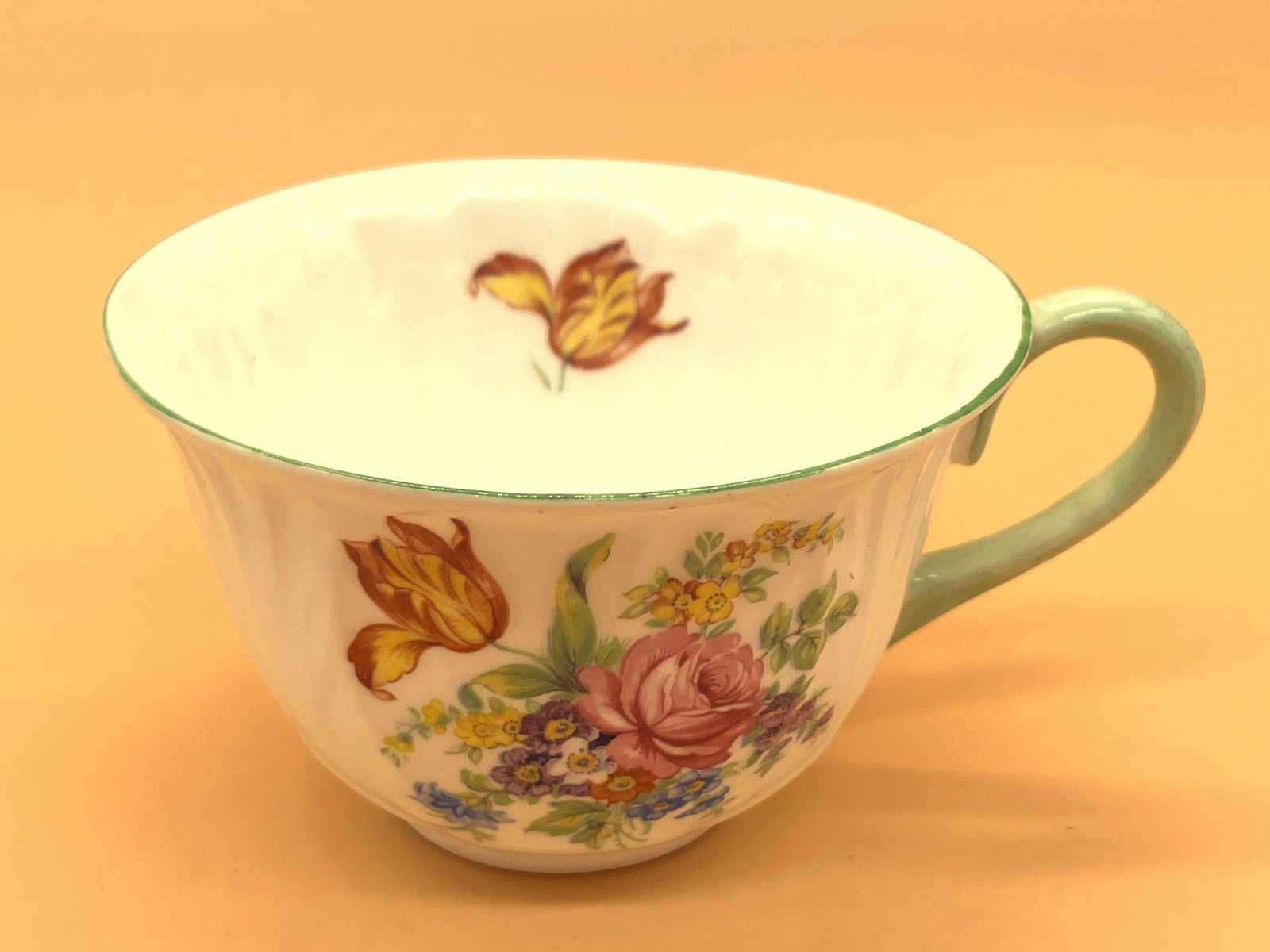 Vintage Shelley China Davies Tulip Green Trim Design Oleander Shape Cup And Saucer Duo. C1940. 2267. photo buy