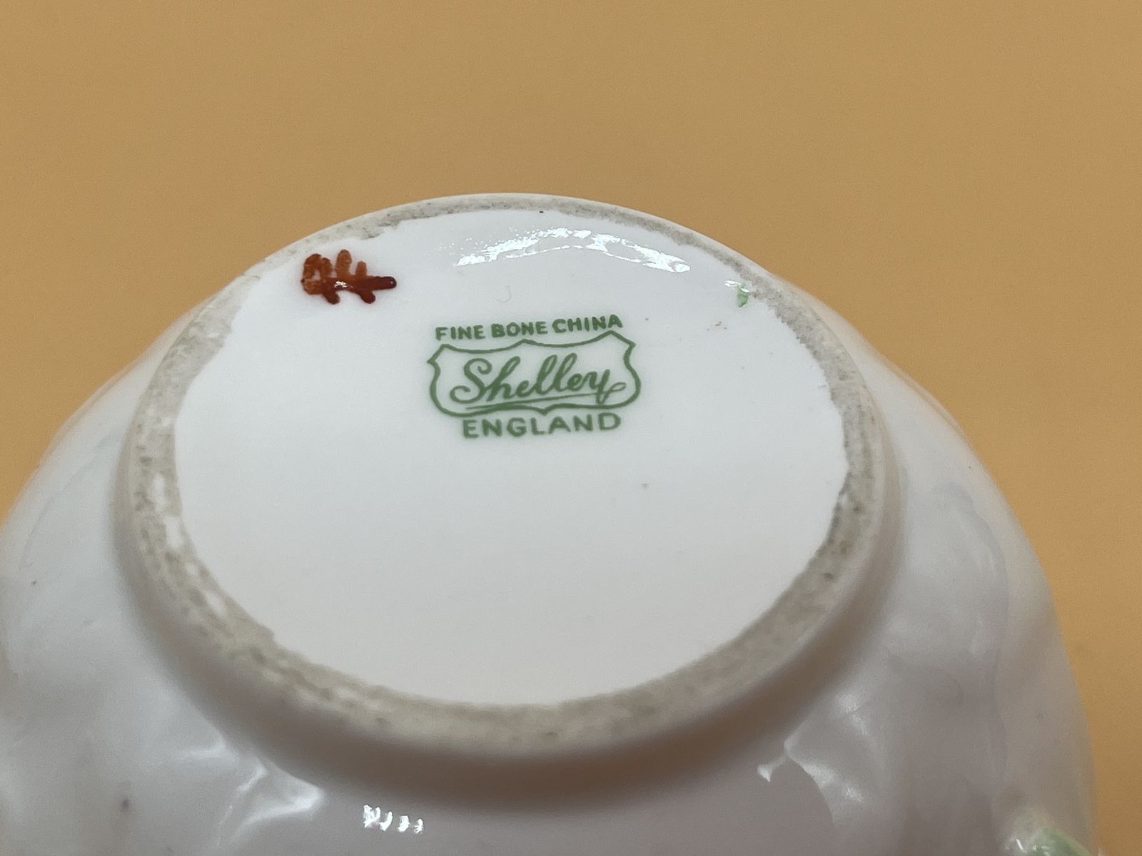 Vintage Shelley China Davies Tulip Green Trim Design Oleander Shape Cup And Saucer Duo. C1940. 2267. photo vintage