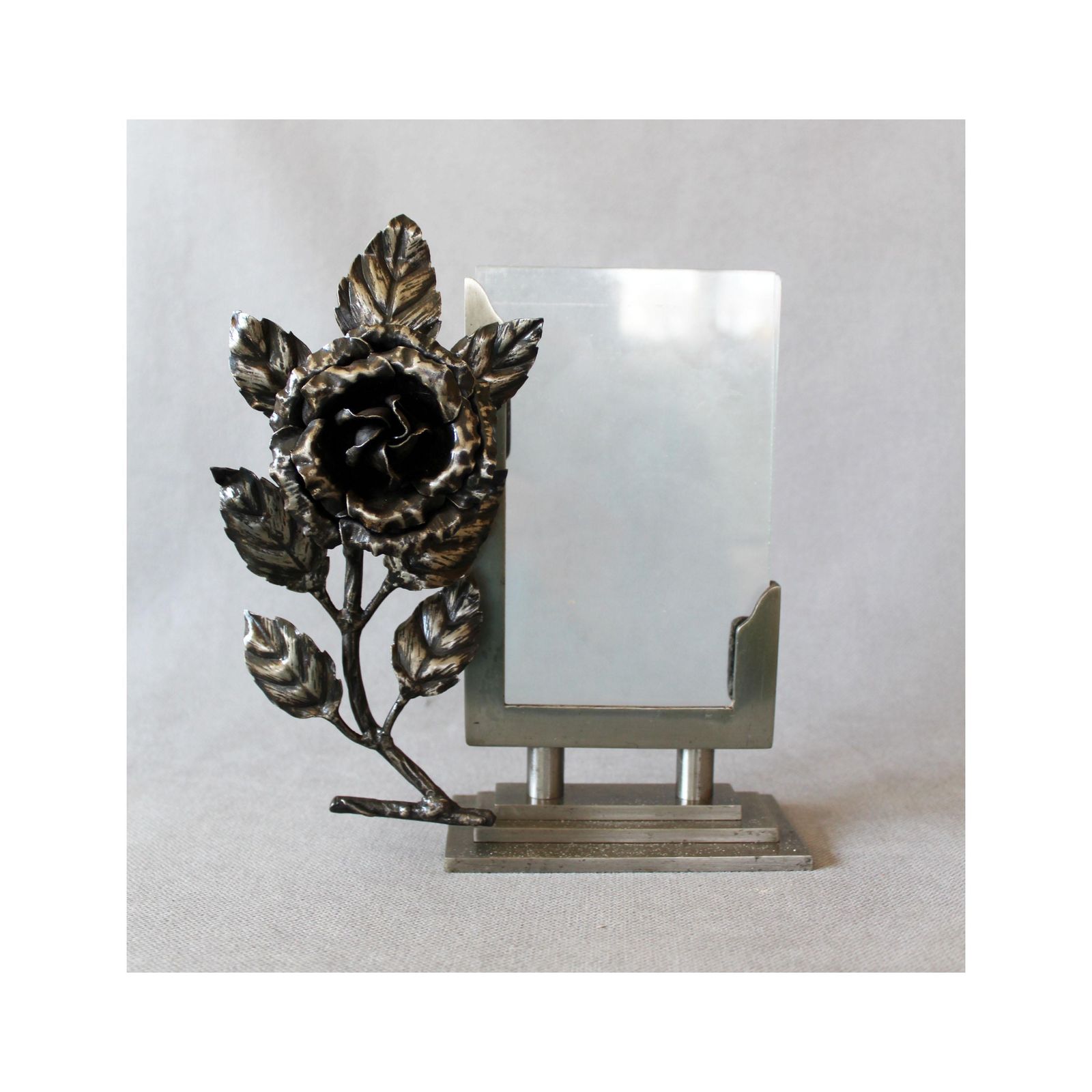 Vintage Art Deco Picture Frame, Forged 3d Rose Flower, Heavy Metal Iron Base, Two Glass Sheets, Table Photo Frame, Circa 1930s, Art Frame