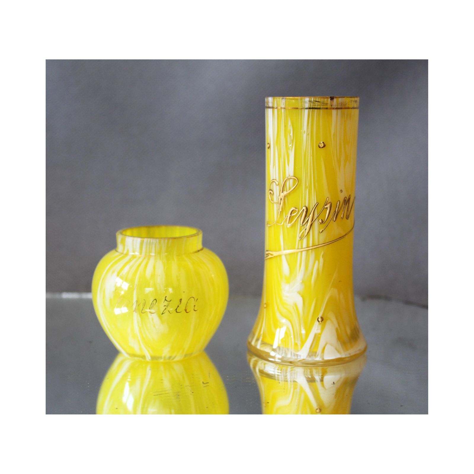 Antique 19th Century Set Of 2 Miniature Bohemian Lemon Yellow And White Spatter Glass Vases, Bud Vase, Bowl Vase, Gilt Decor, Frank Welz