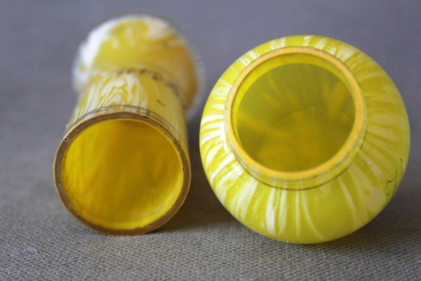 Antique 19th Century Set Of 2 Miniature Bohemian Lemon Yellow And White Spatter Glass Vases, Bud Vase, Bowl Vase, Gilt Decor, Frank Welz photo buy