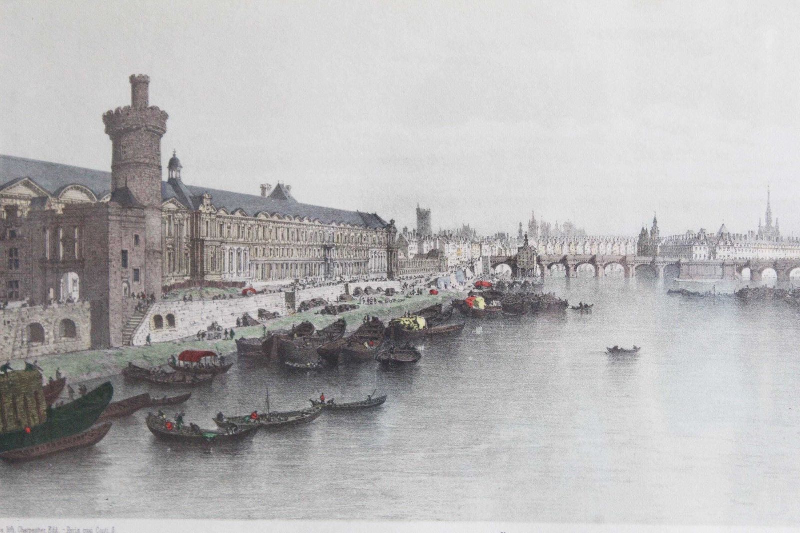 Grote Vintage Ingelijste Lithografie Parijs 1650, Met De Hand Ingekleurd, Ph Benoist Hth, Nanthes Lithography, Quai Conti 3, Verguld Geschilderde Lijst, Glazen Voorzijde photo furniture