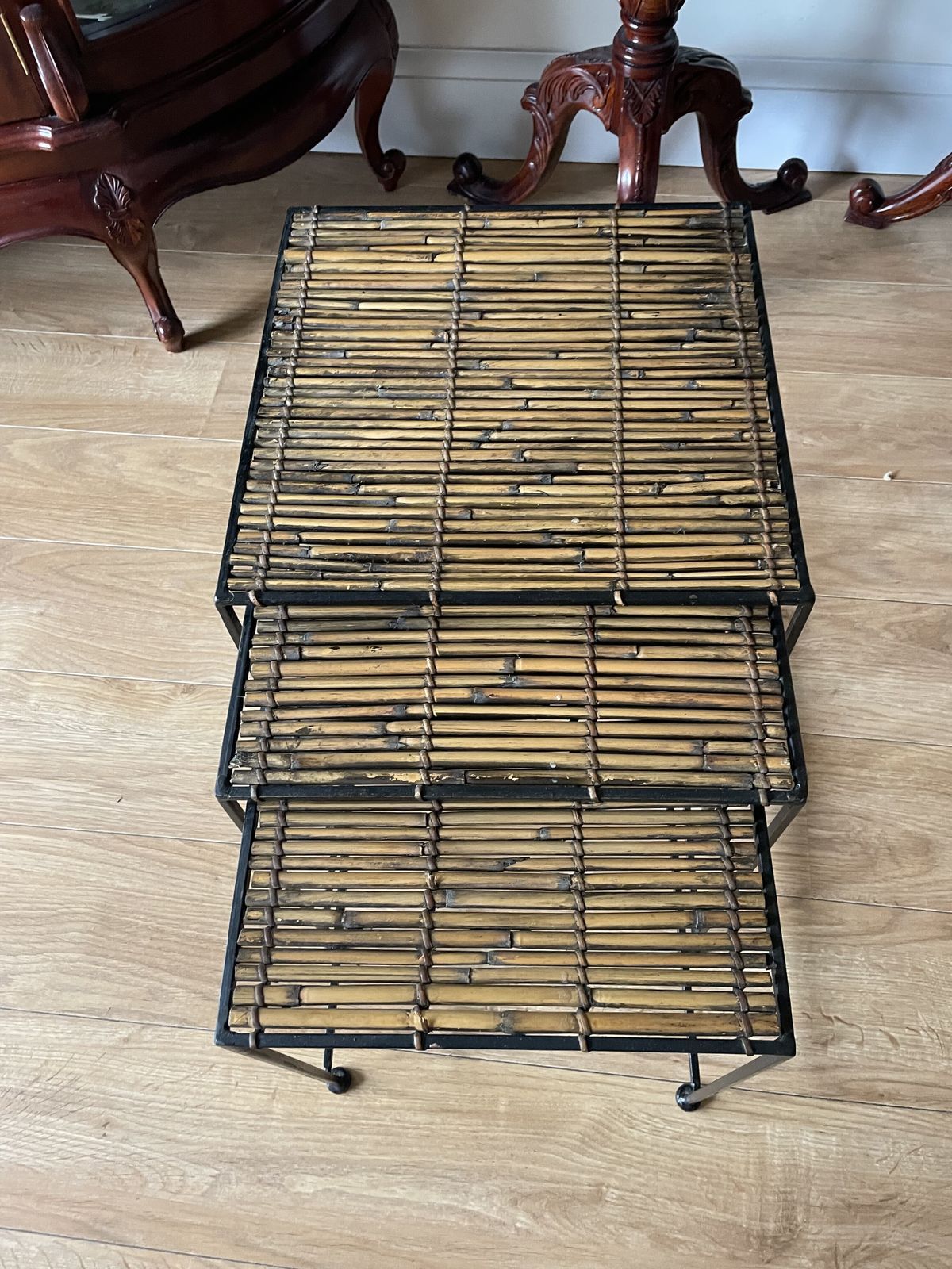 Set Of 3 Iron And Rattan Nest Side Tables H48 Xw40 X L40 photo Garden Furniture