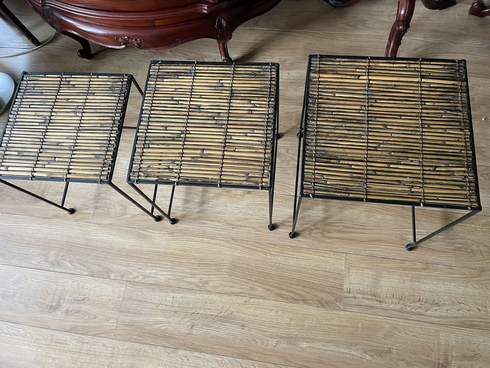 Set Of 3 Iron And Rattan Nest Side Tables H48 Xw40 X L40 photo 115.0