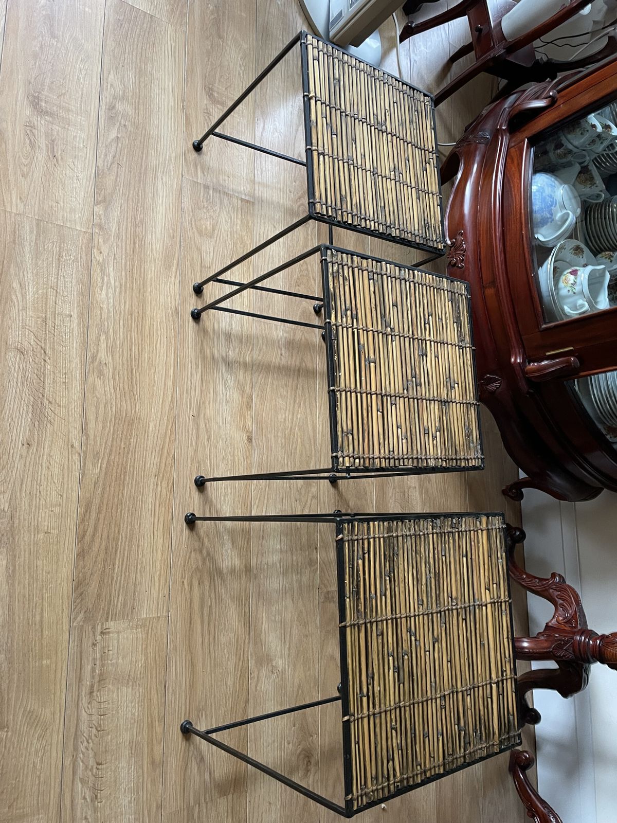 Set Of 3 Iron And Rattan Nest Side Tables H48 Xw40 X L40 photo vinterior