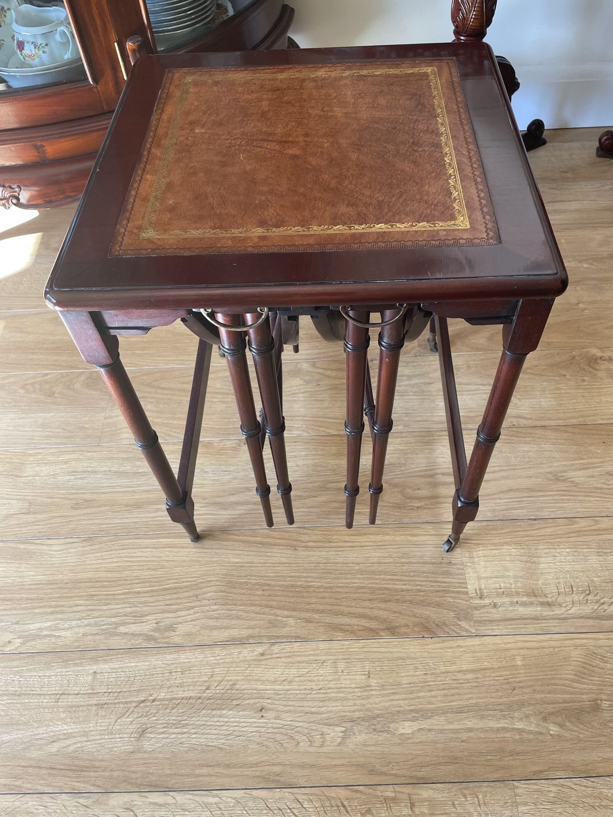 Nest Of Tables With Leather Inlay Set Of 3 Wood photo vinterior