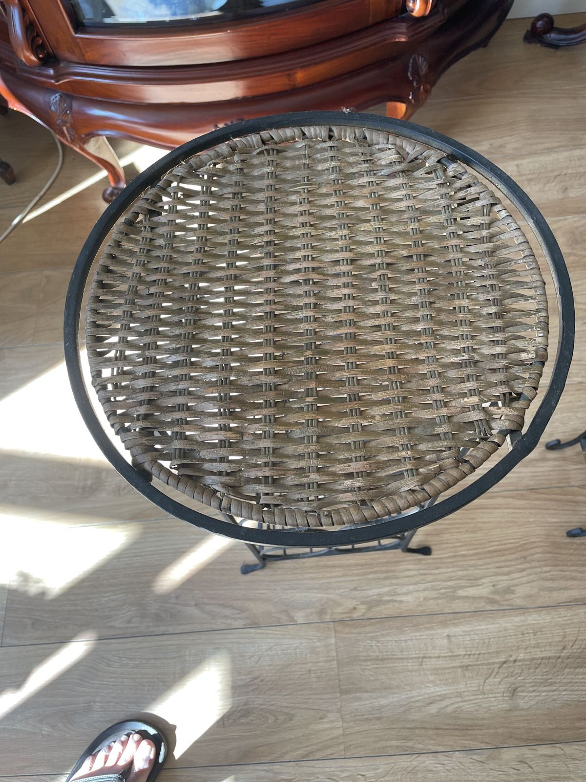 Pair Of Freestanding Wrought Iron And Rattan Floor Standing Wine Racks