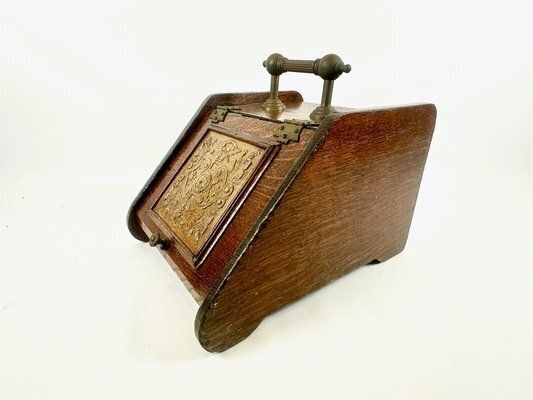 Antique Victorian Oak And Brass Coal Scuttle, 19th Century photo for sale