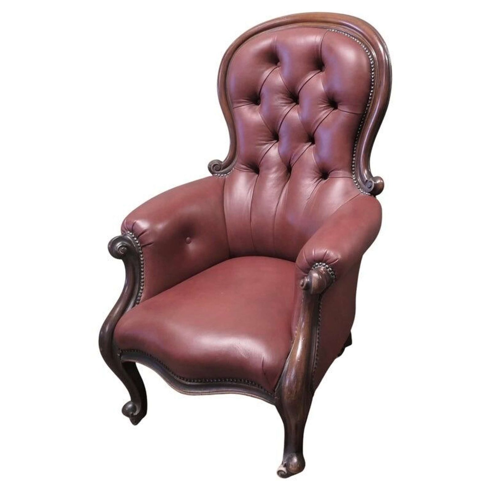 Large Button Back Salon Chair, In Burgundy Leather