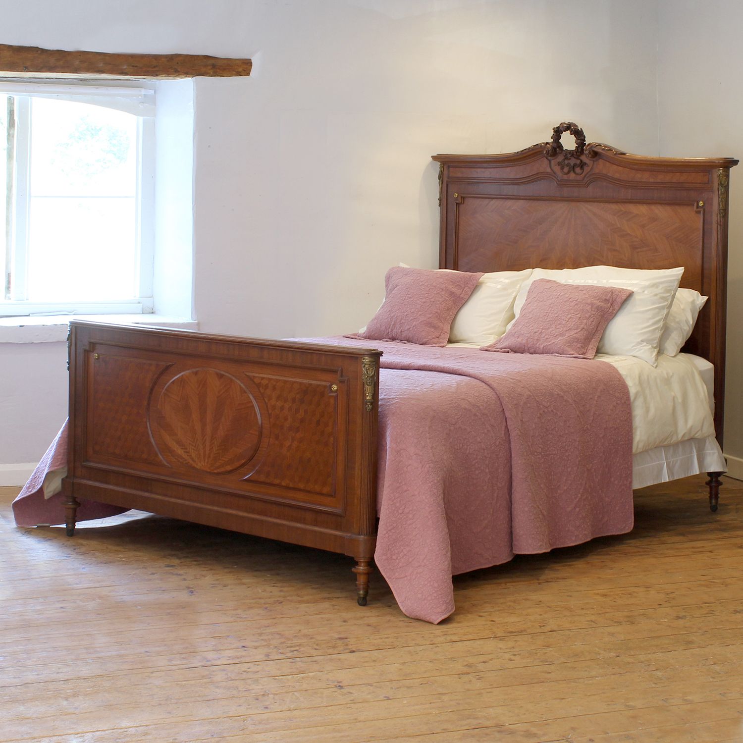 King Size Art Deco Bed In Mahogany With Sunburst Inlay, Parquetry And Ormolu Accents.