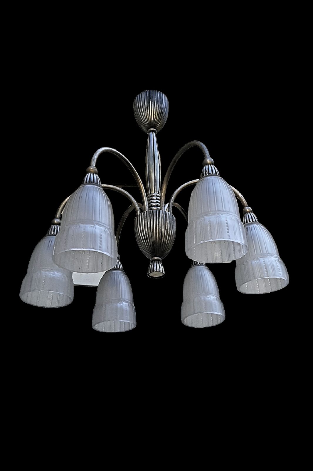 Art Deco Chandelier Elegant Early 1930s French Design Ok For Low Ceiling, Stylish Clear And Frosted Glass Shades, Nickel Plated Bronze Fixture France photo Lighting