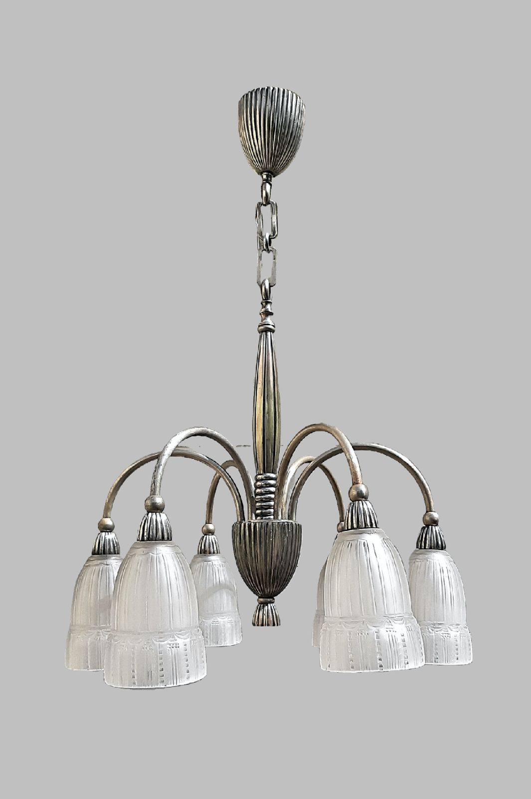 Art Deco Chandelier Elegant Early 1930s French Design Ok For Low Ceiling, Stylish Clear And Frosted Glass Shades, Nickel Plated Bronze Fixture France