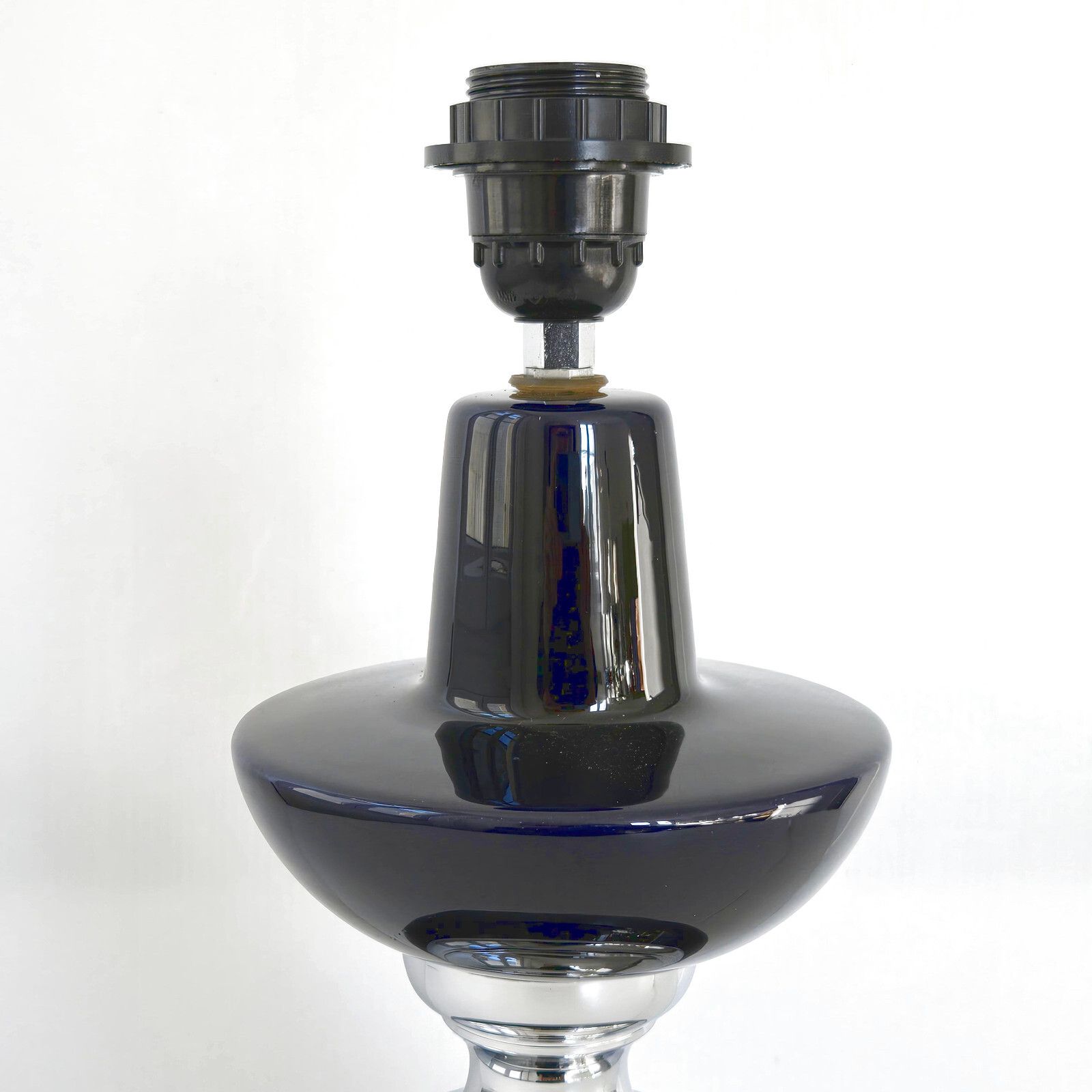 Vintage 1970s Dark Blue Ceramic & Chrome Steel Table Lamp 70s Retro photo furniture