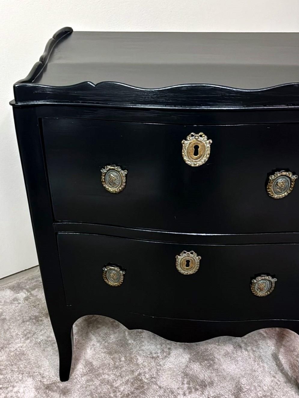 photo for sale Louis XV Style Black Lacquered Walnut Chest Of Drawers With Bronze Decorations