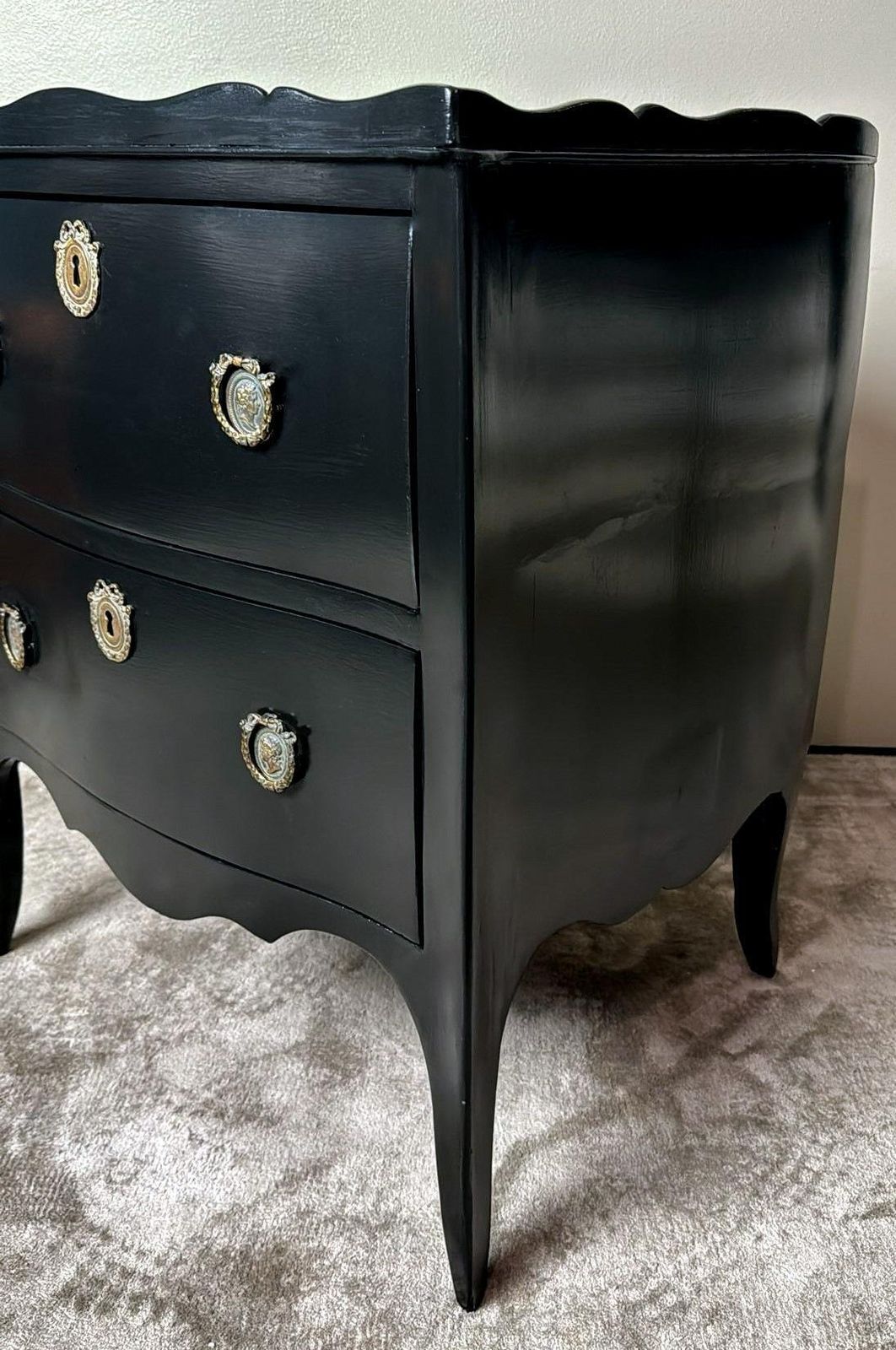 Furniture Louis XV Style Black Lacquered Walnut Chest Of Drawers With Bronze Decorations photo