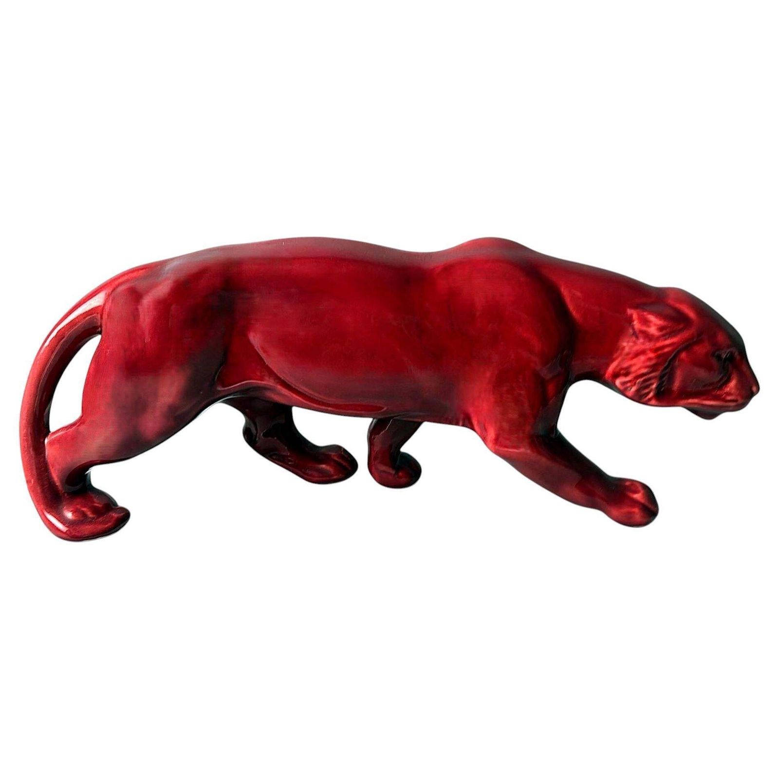 Art Deco Saint Clément Style French Panther In Antique Glazed Red Ceramic