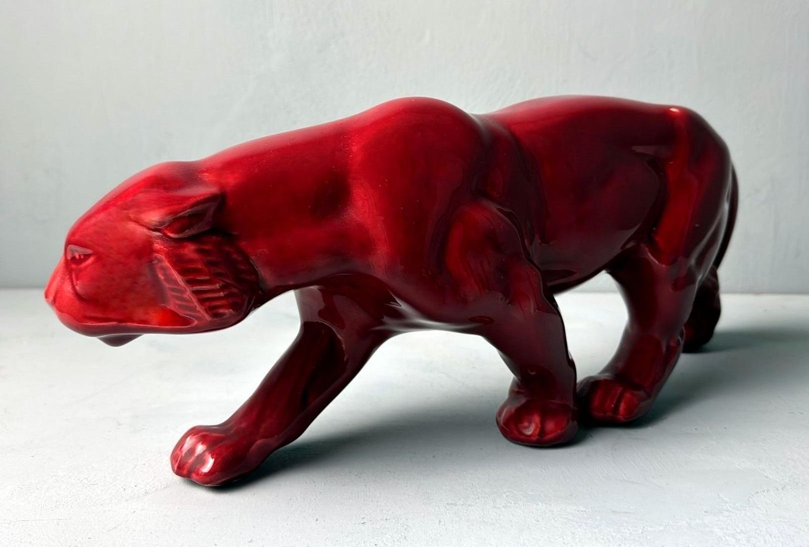 Art Deco Saint Clément Style French Panther In Antique Glazed Red Ceramic photo 577.0